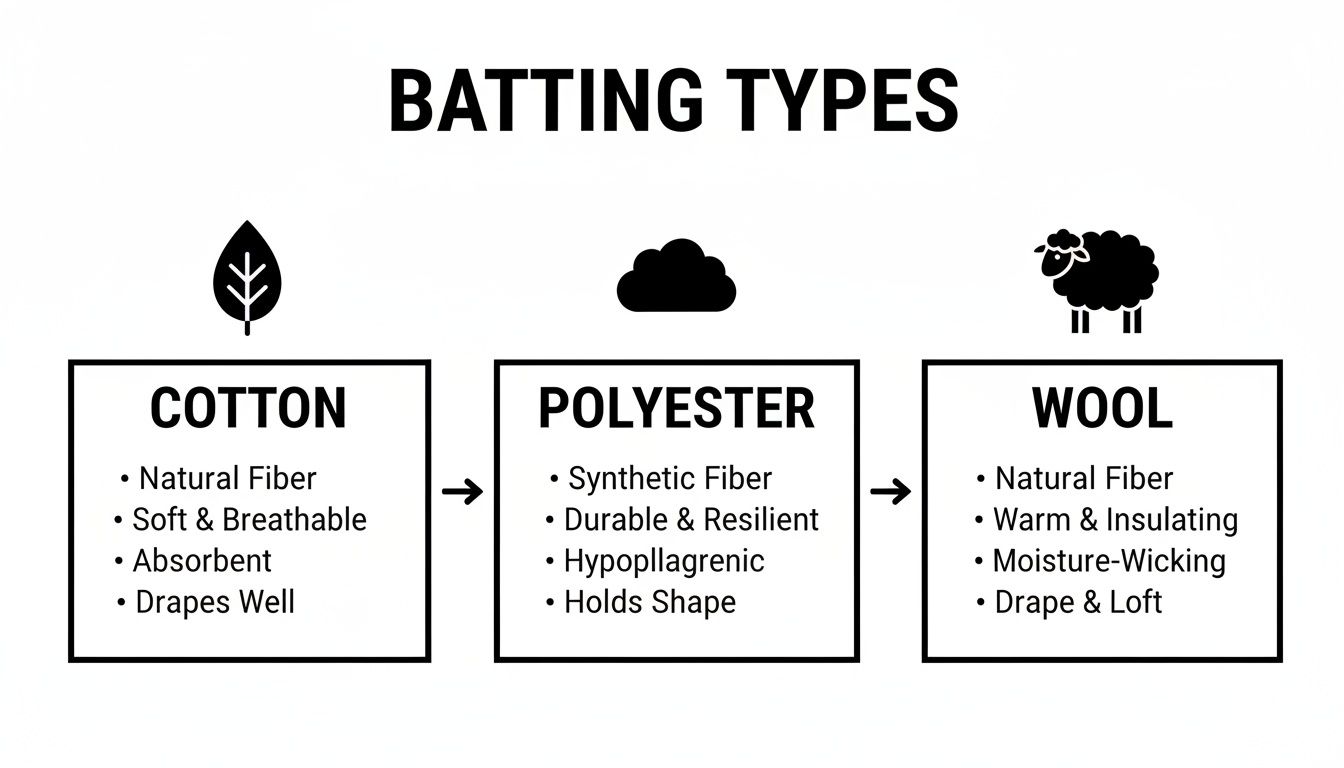 Infographic comparing cotton, polyester, and wool batting types with their key features for quilting.