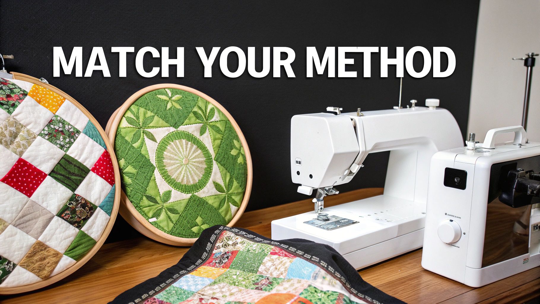 Two sewing machines and quilted fabric creations on a wooden table with 'MATCH YOUR METHOD' text.