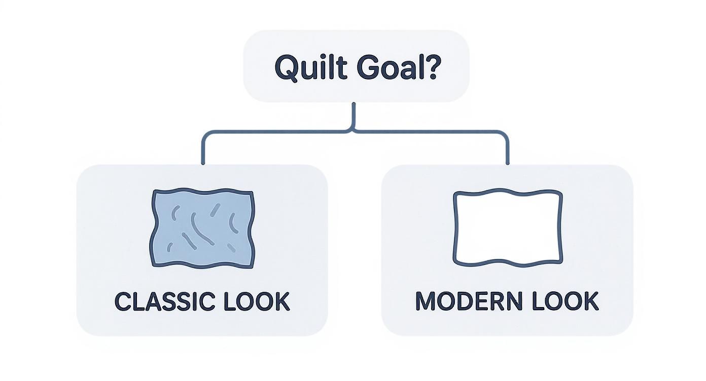 A flowchart presenting quilt goals: Classic Look (represented by wrinkled fabric) or Modern Look (by smooth fabric).