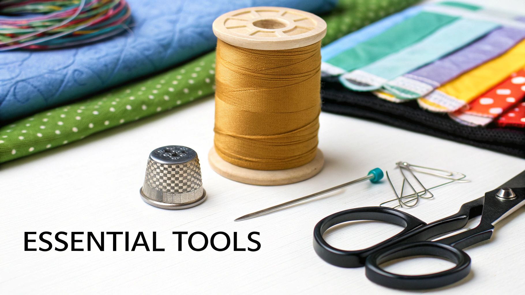 A flat lay of essential sewing tools: gold thread, thimble, scissors, pins, and colorful fabrics.