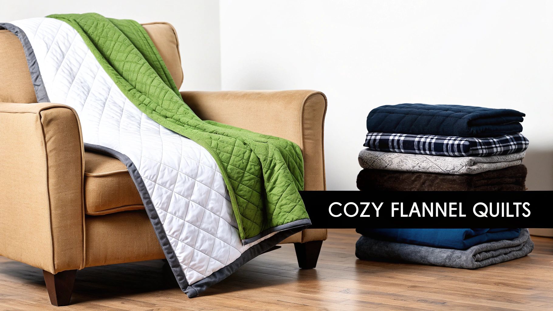 A cozy armchair draped with a white and green quilt, alongside a stack of various folded flannel quilts.