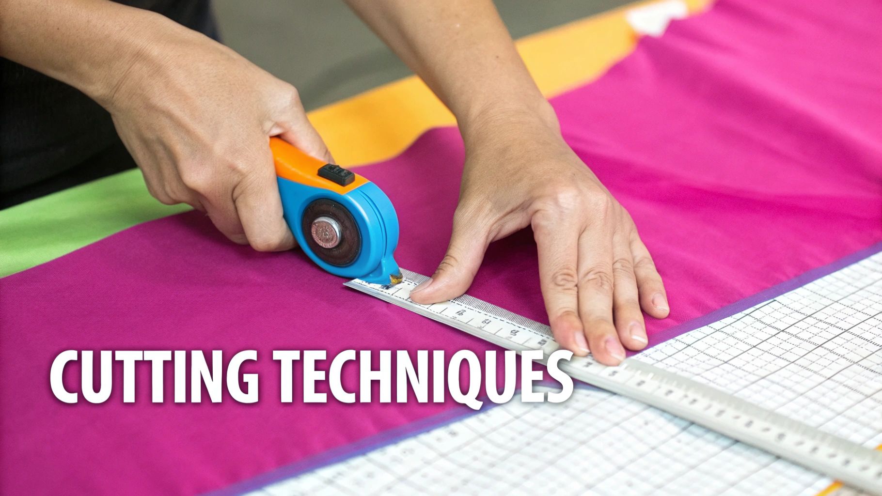 Close-up shot of a quilter's hands smoothing out a beautiful piece of quilting cotton on a cutting mat.