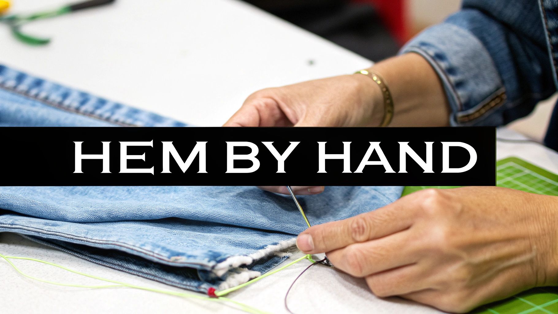 A person's hands carefully hemming a pair of pants with a needle and thread, with sewing supplies nearby.
