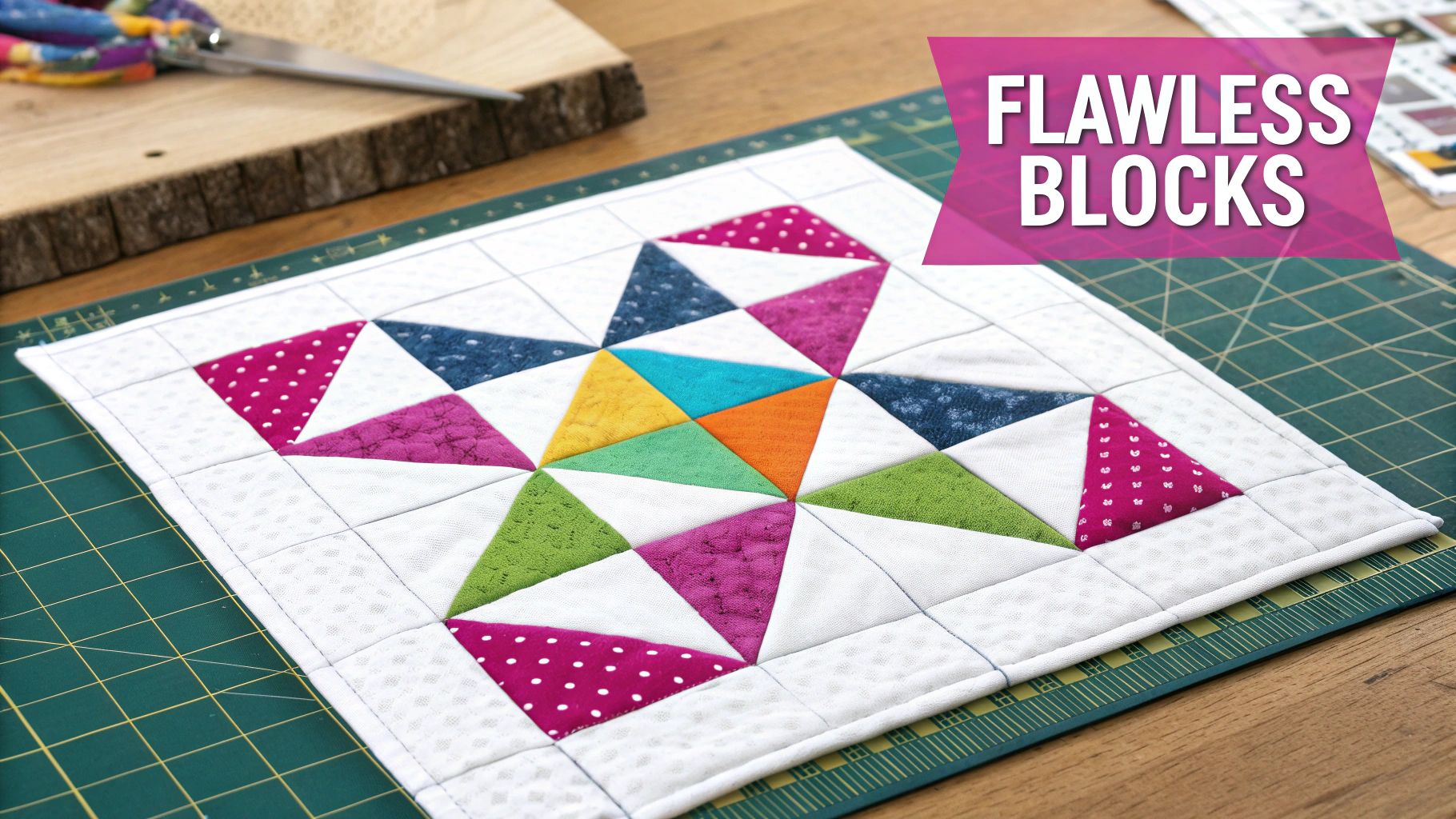 A quilter carefully sewing fabric pieces together on a sewing machine, demonstrating a precise seam allowance.