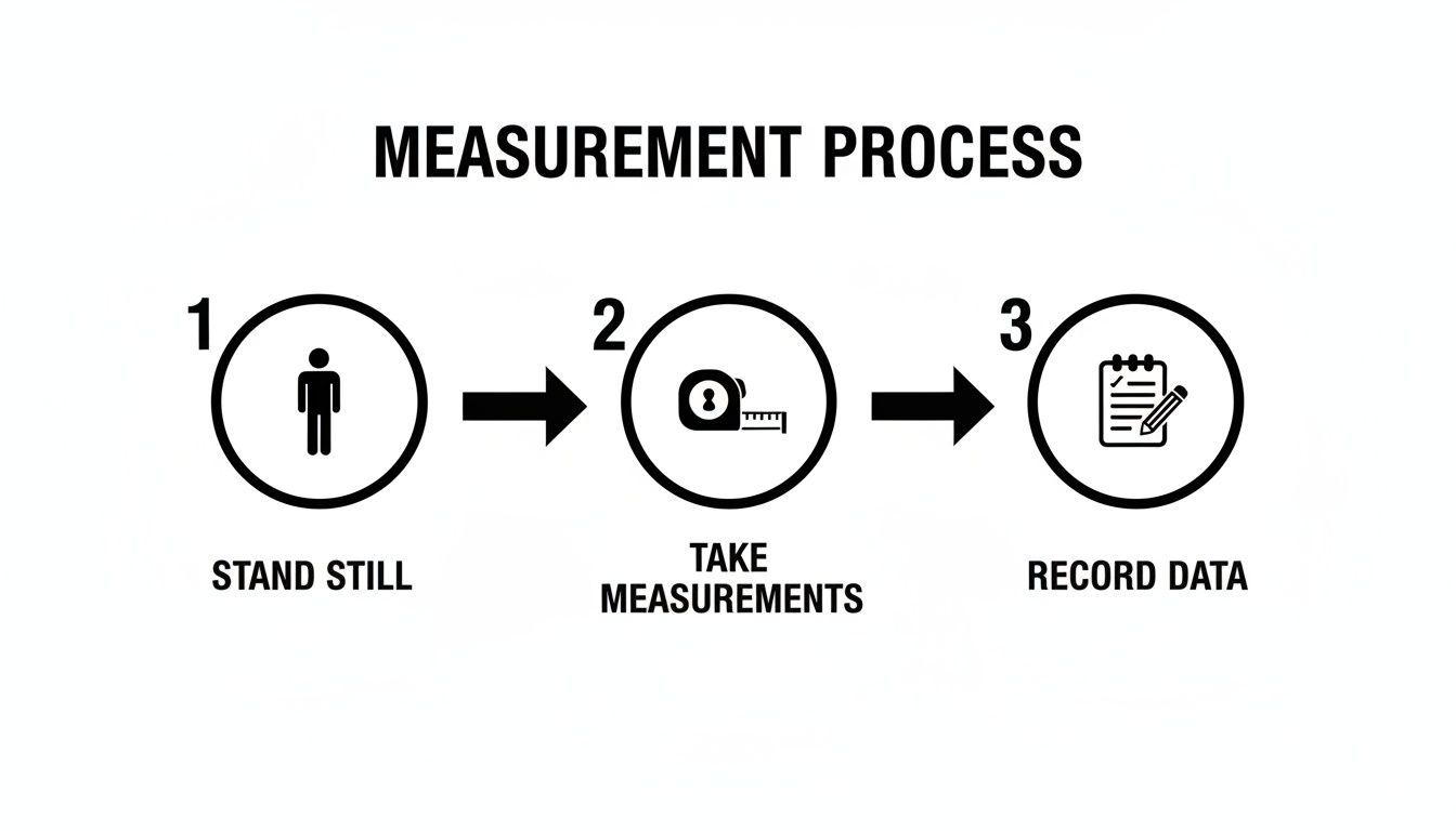 A three-step measurement process diagram showing standing still, taking measurements, and recording data.