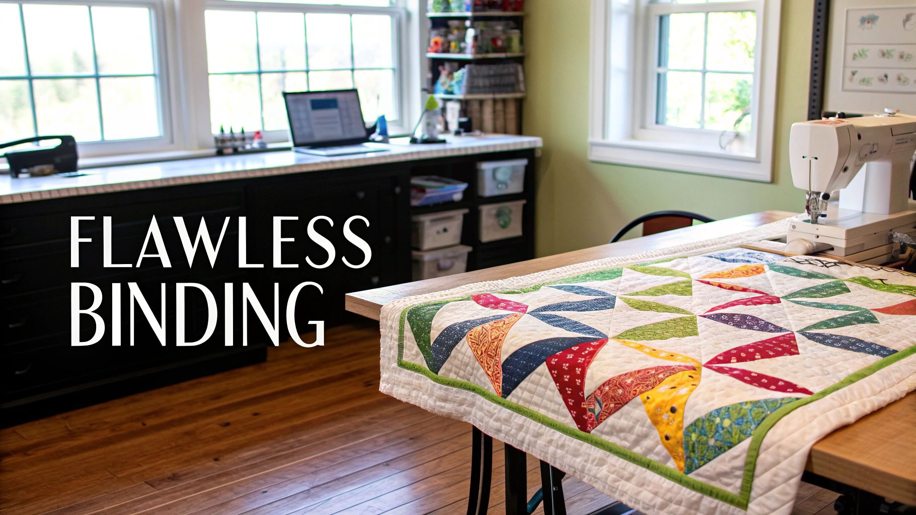 A close-up shot of a neatly folded quilt showing off its perfectly bound edge, with vibrant fabric patterns visible.