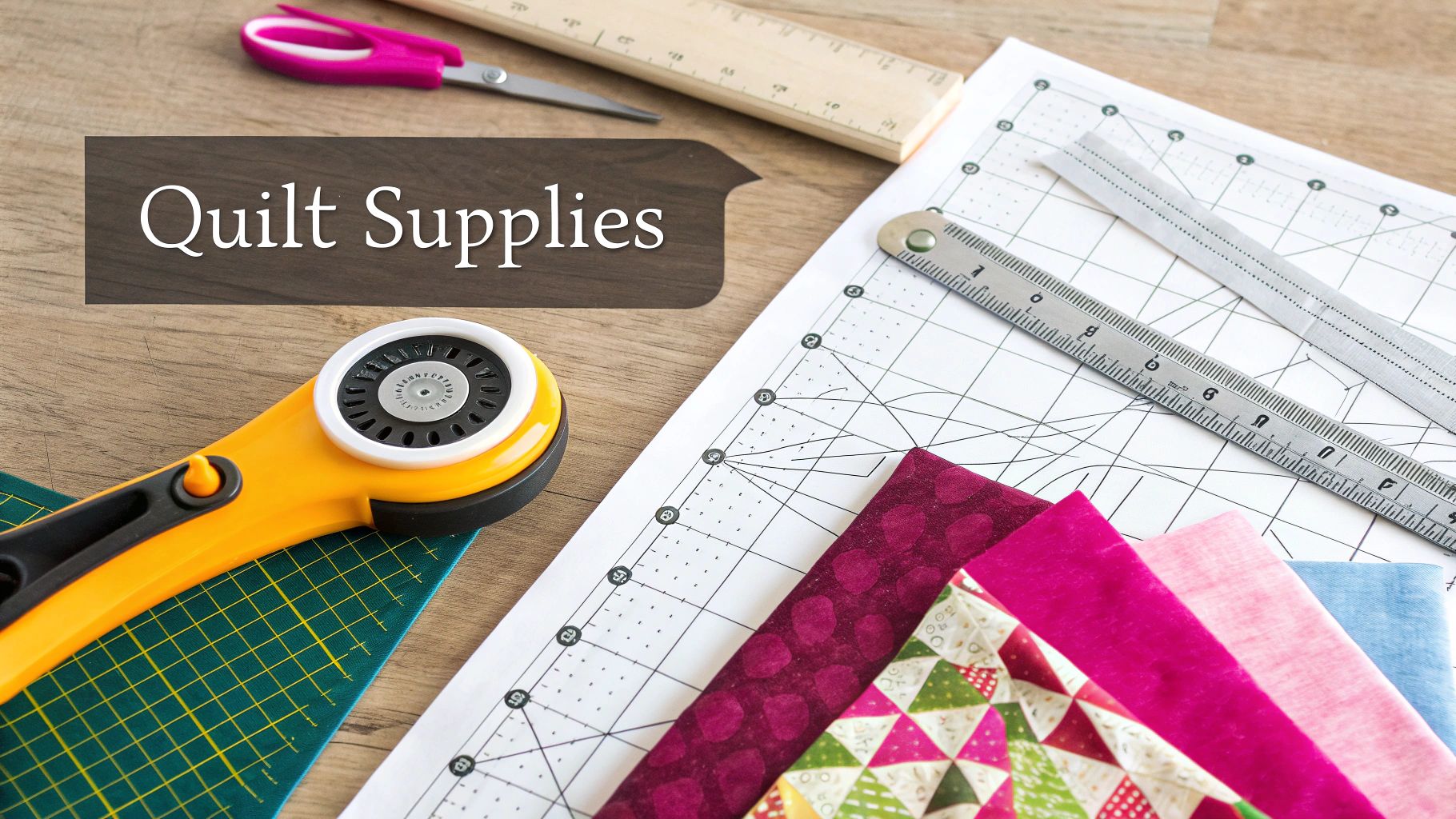 A vibrant assortment of colorful fabric bundles neatly arranged on a wooden surface, showcasing various patterns and textures.