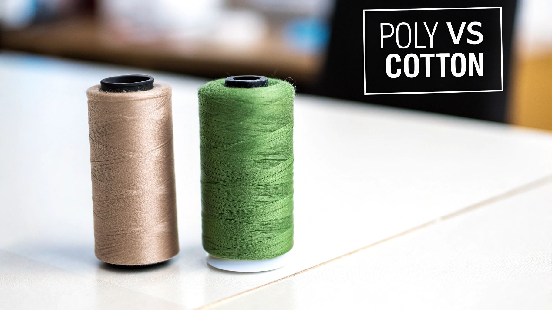 Two spools of thread, one beige and one green, comparing polyester and cotton thread types.