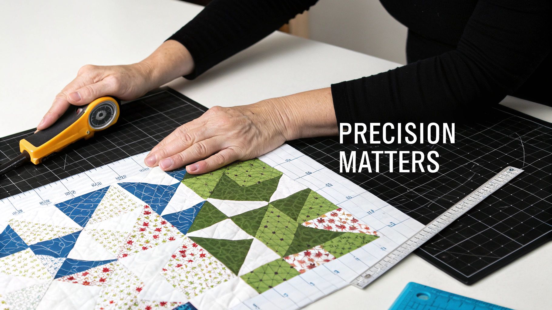 A quilter using a rotary cutter and square ruler to trim a colorful quilt block on a cutting mat