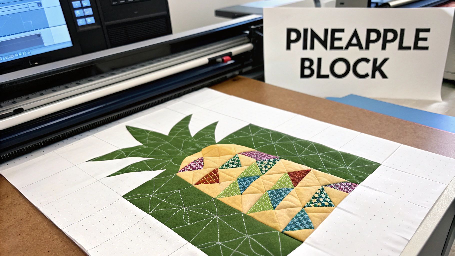 Close-up of a vibrant pineapple quilt block with intricate stitching patterns on a white background.