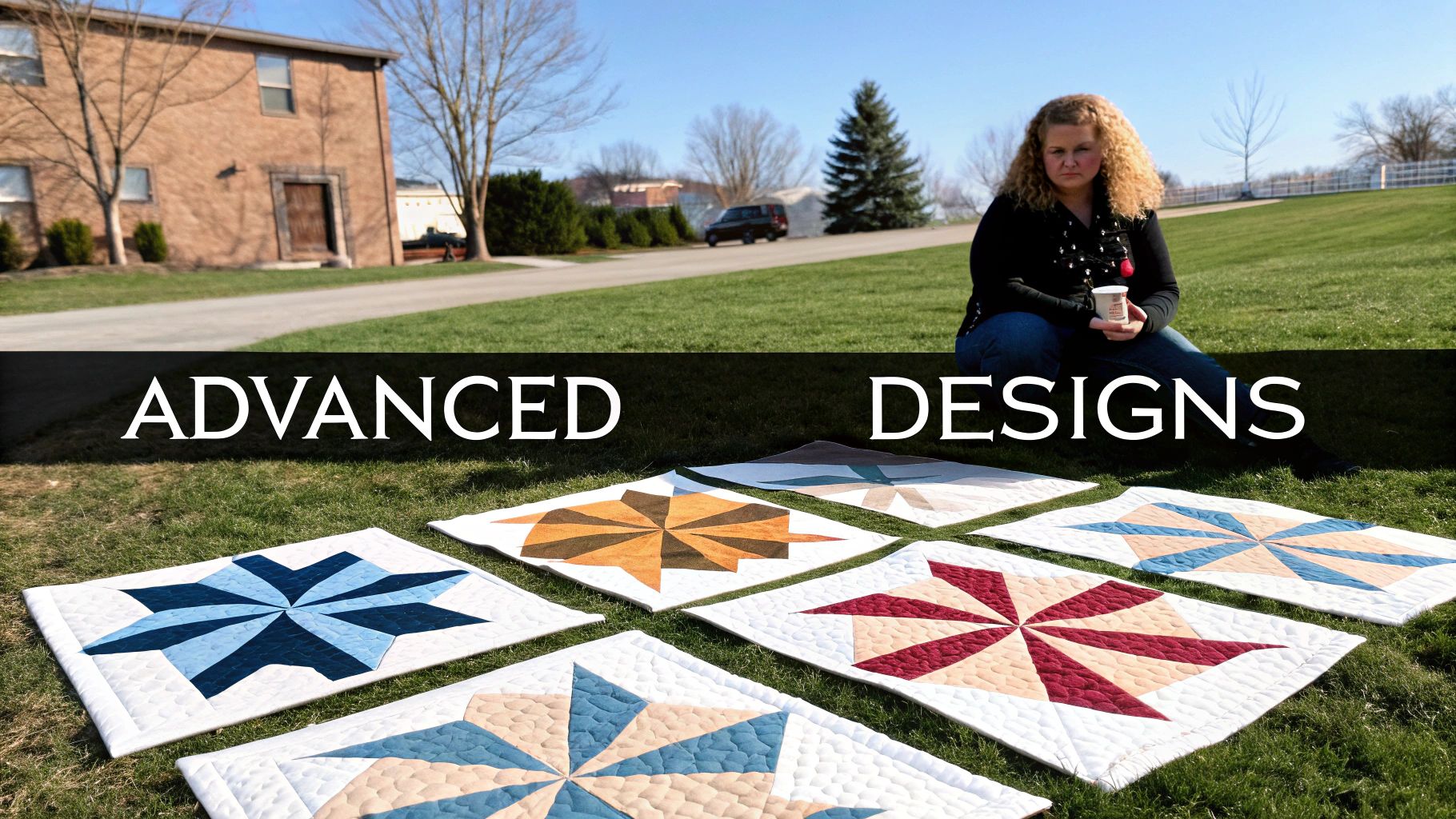 A woman sits on grass surrounded by multiple colorful quilted star pattern blocks. Text: ADVANCED DESIGNS.