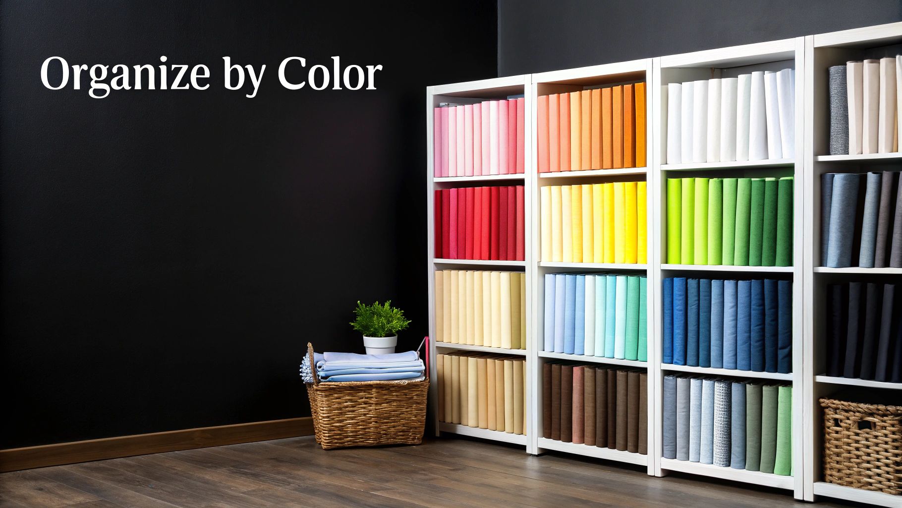 Colorful fabric neatly organized on shelves