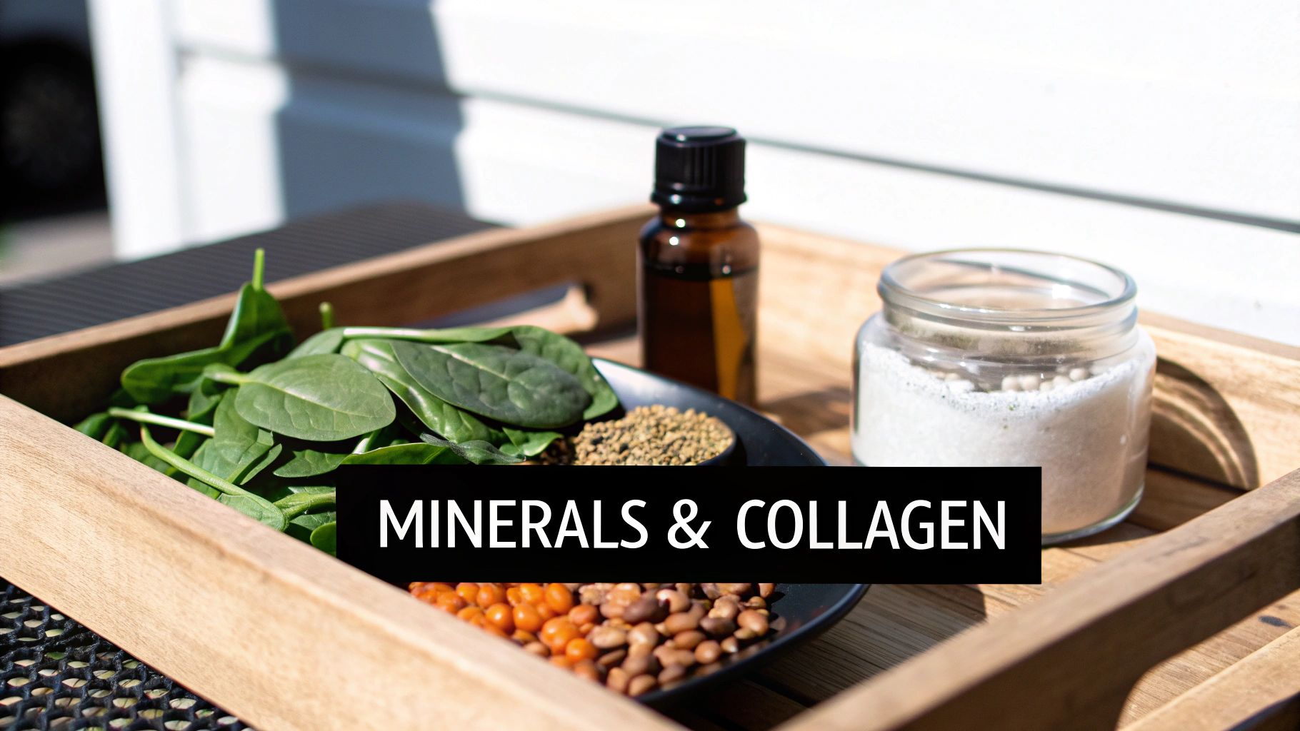 A wooden tray displays spinach, seeds, lentils, and collagen powder, essential for hair growth and health.