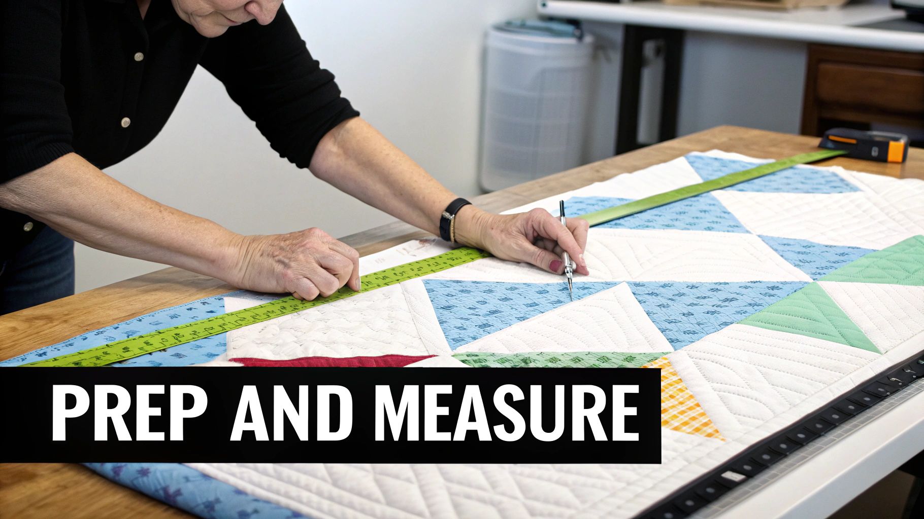 A person carefully measuring a wall space with a yellow tape measure, preparing to hang a quilt.