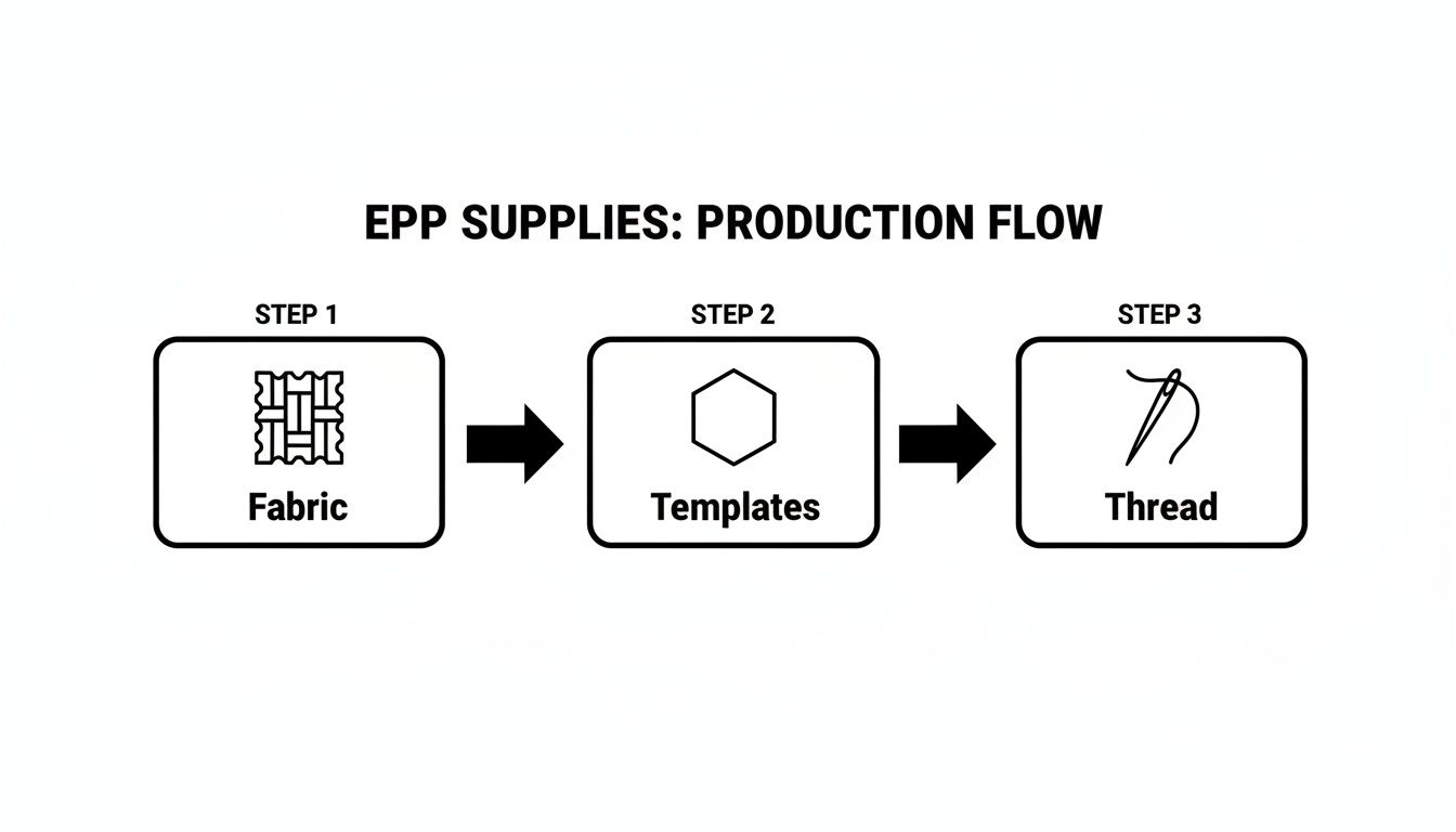 A simple flowchart illustrates the EPP supplies production flow: fabric, templates, then thread.