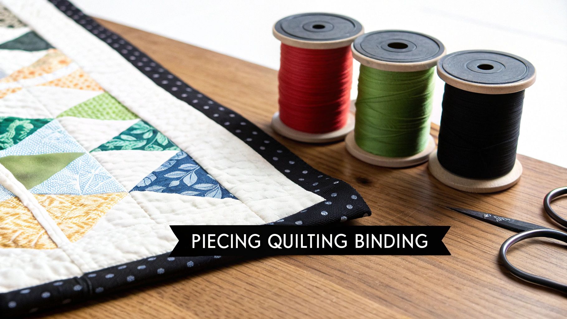 A close-up of a quilted item with colorful fabric triangles, thread spools, and scissors on a wooden table.