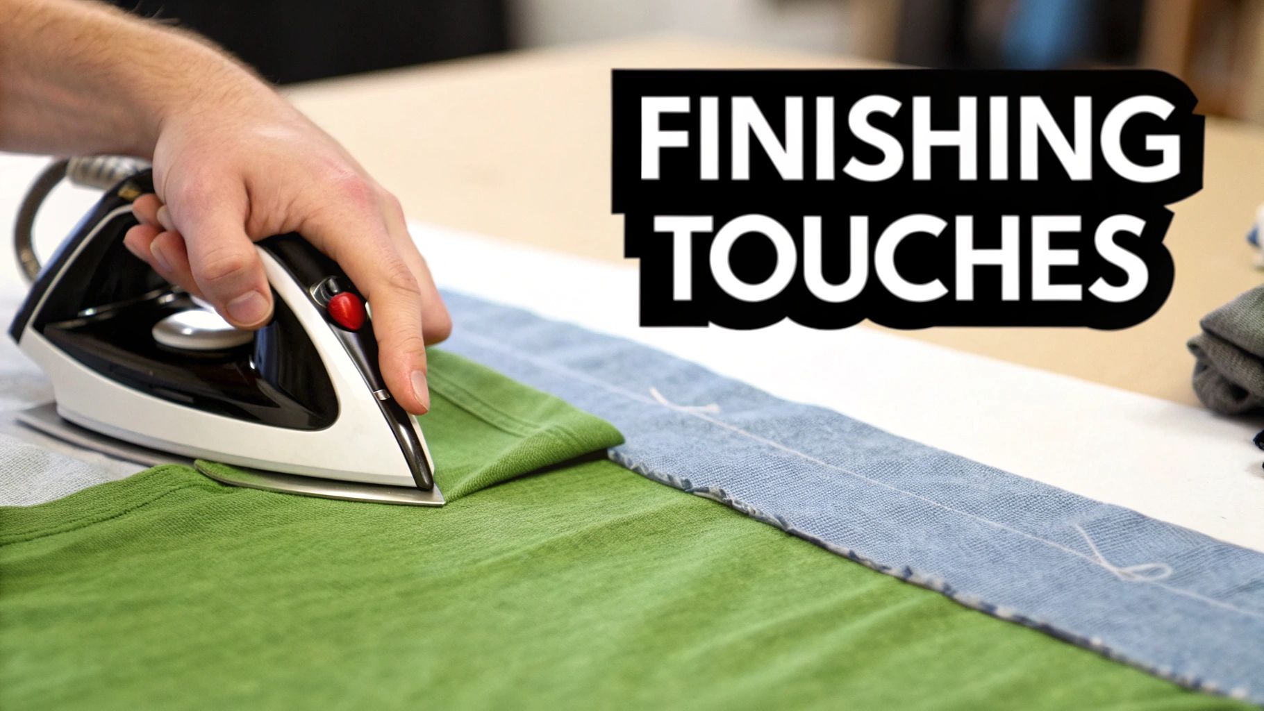 A person's hand uses an iron to press green fabric, with light blue fabric nearby.