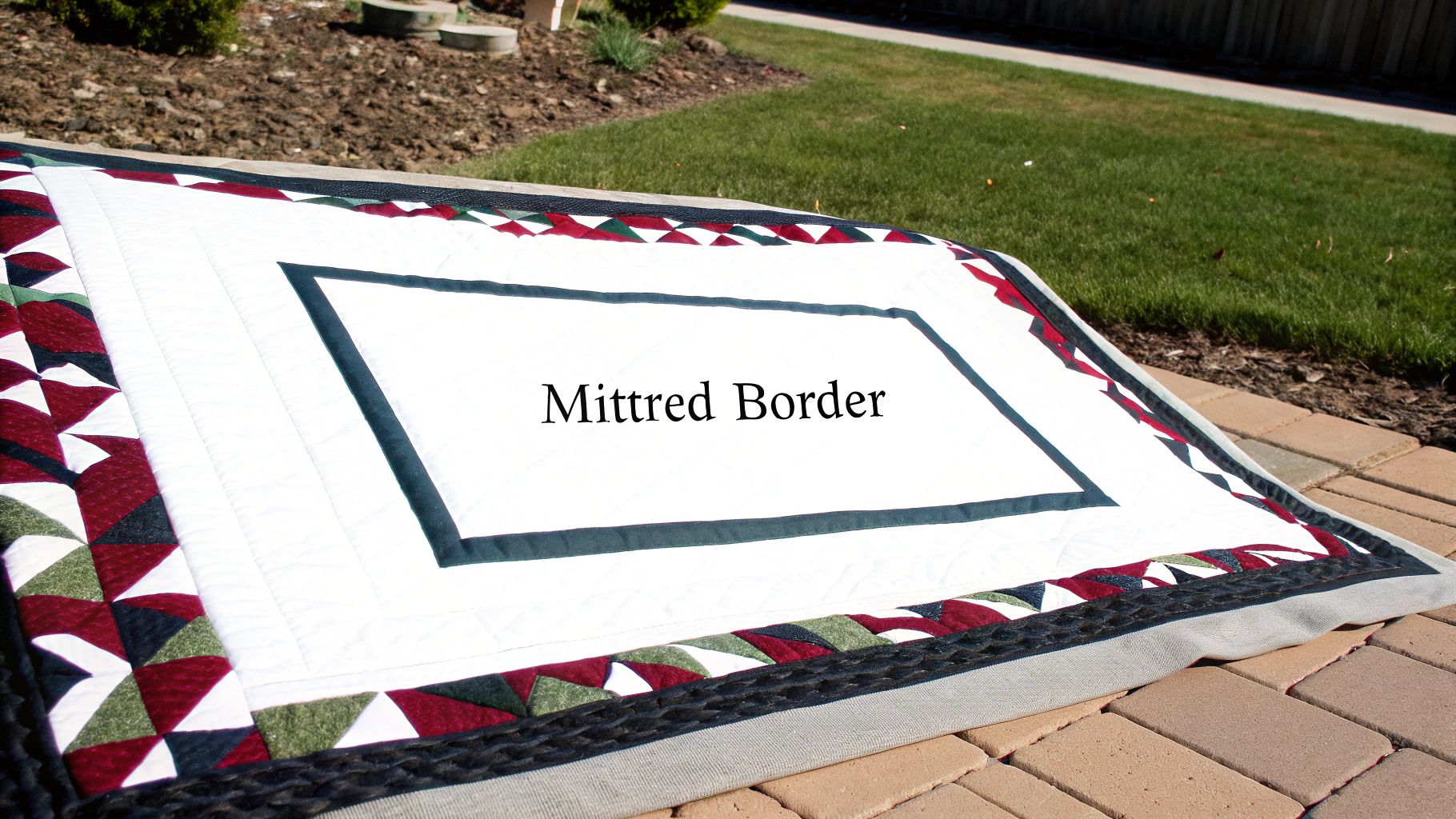 A close-up of a perfectly mitered quilt corner showing a striped fabric pattern flowing seamlessly around the 45-degree angle.