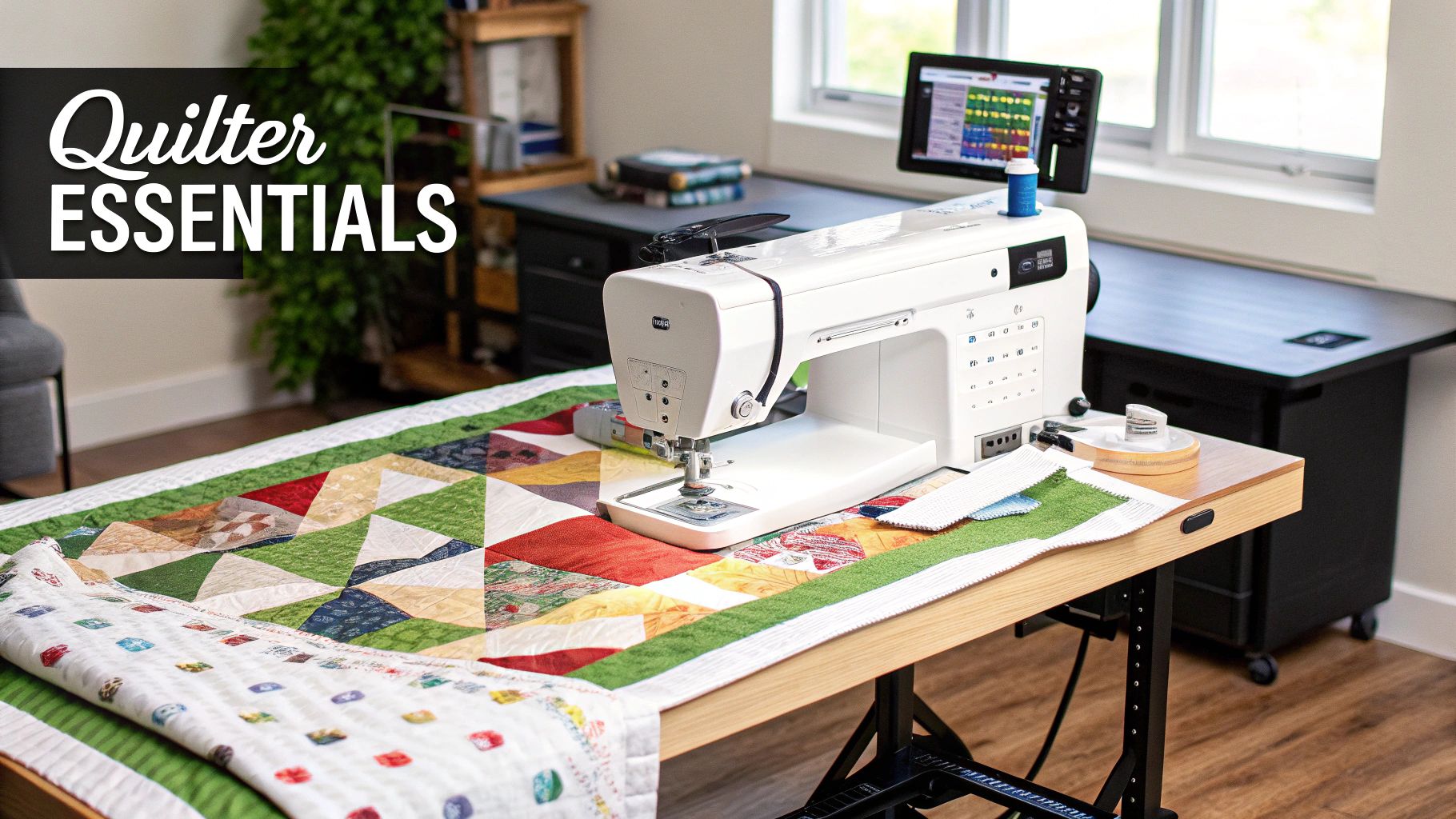 A heavy duty sewing machine set up for quilting with an extension table and a large quilt being worked on.