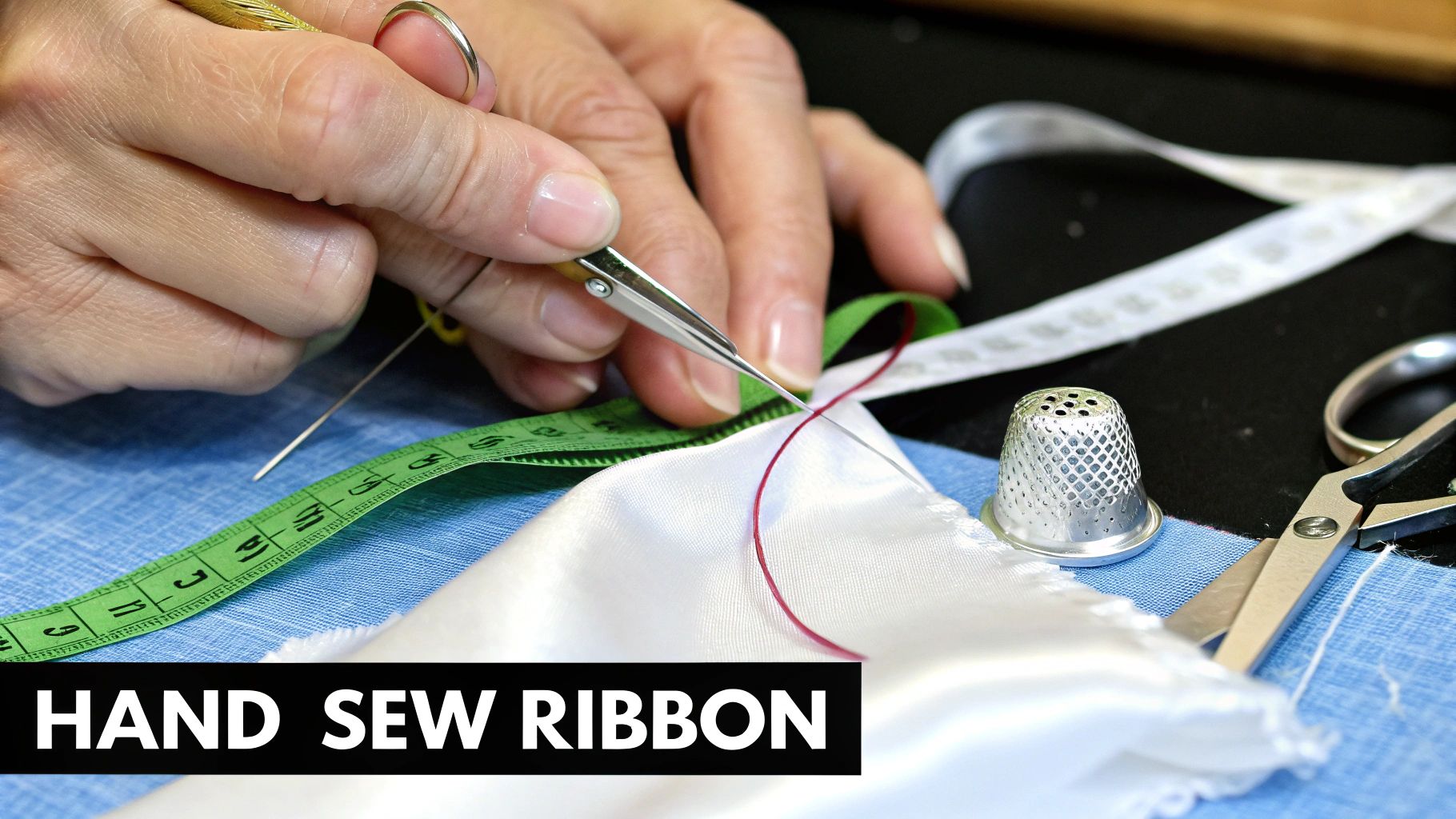 Close-up of hands sewing a red ribbon onto white fabric with a needle, thread, and measuring tape.
