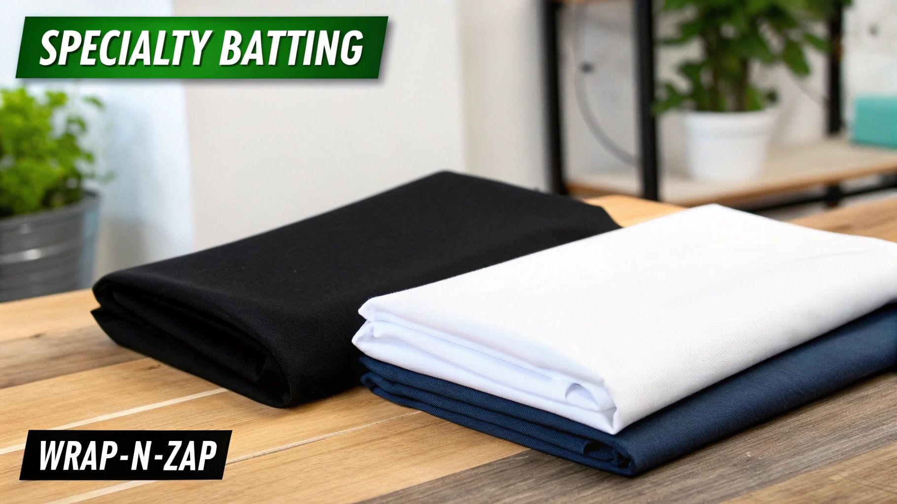 Three folded specialty batting fabrics in black, white, and dark blue on a wooden table.