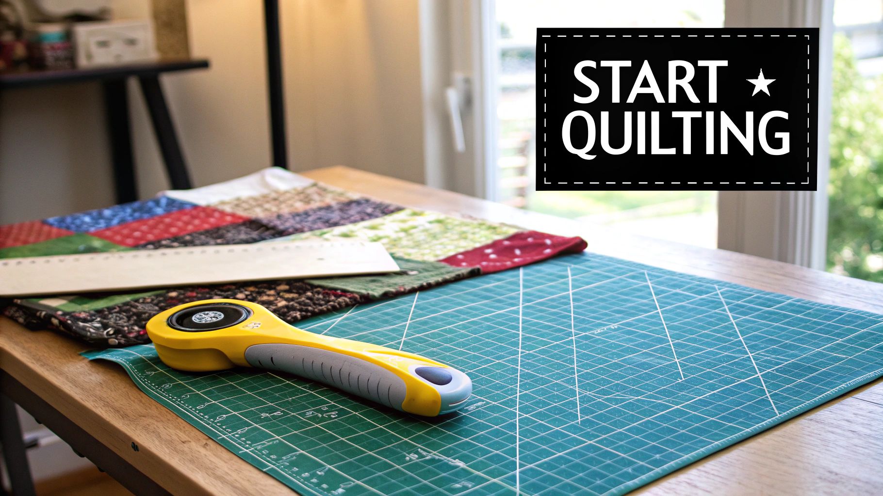 Quilting supplies including a rotary cutter, ruler, mat, and patchwork fabric on a wooden table.