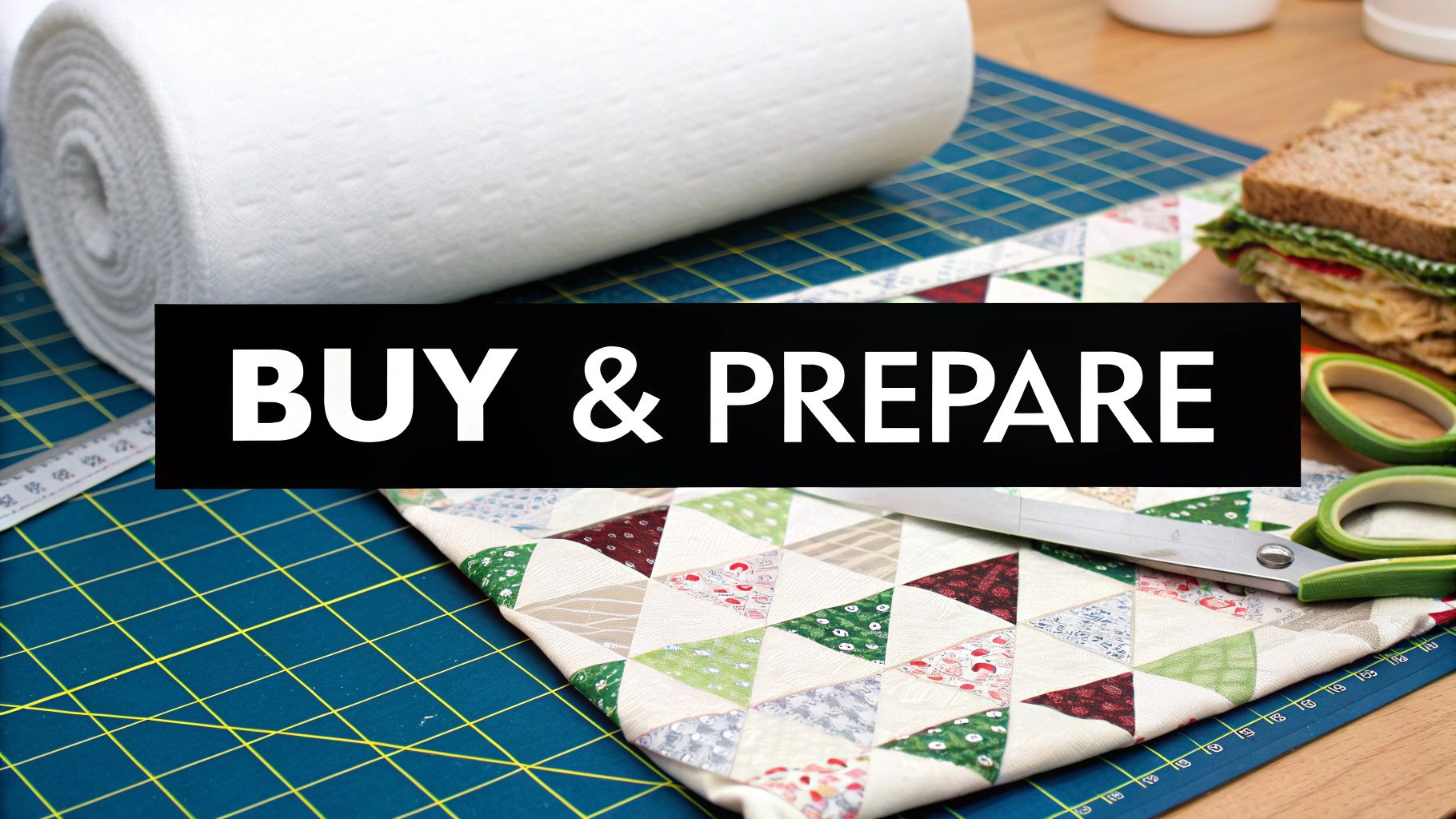 A flat lay image showing quilting supplies including a roll of white batting, patchwork fabric, and tools on a cutting mat, with a sandwich nearby and 'BUY & PREPARE' text.