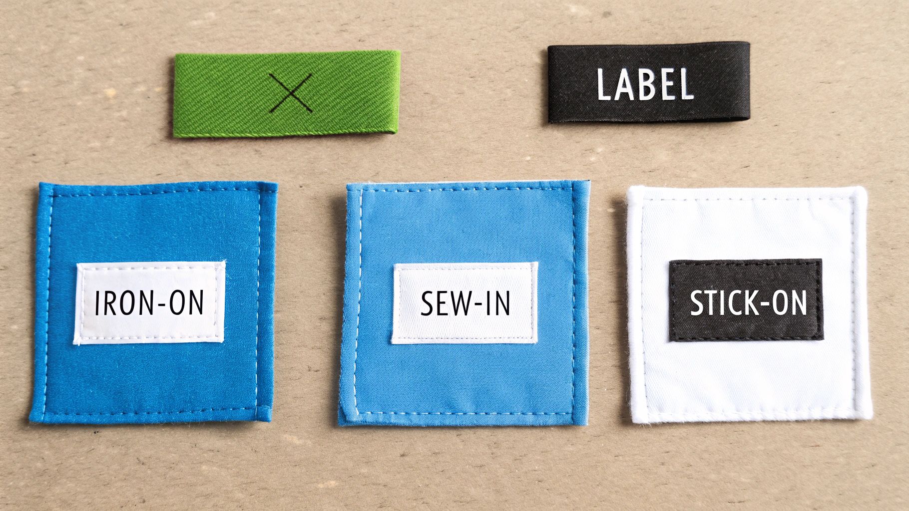 Various fabric labels displayed on a beige surface, including iron-on, sew-in, stick-on, and a general label.