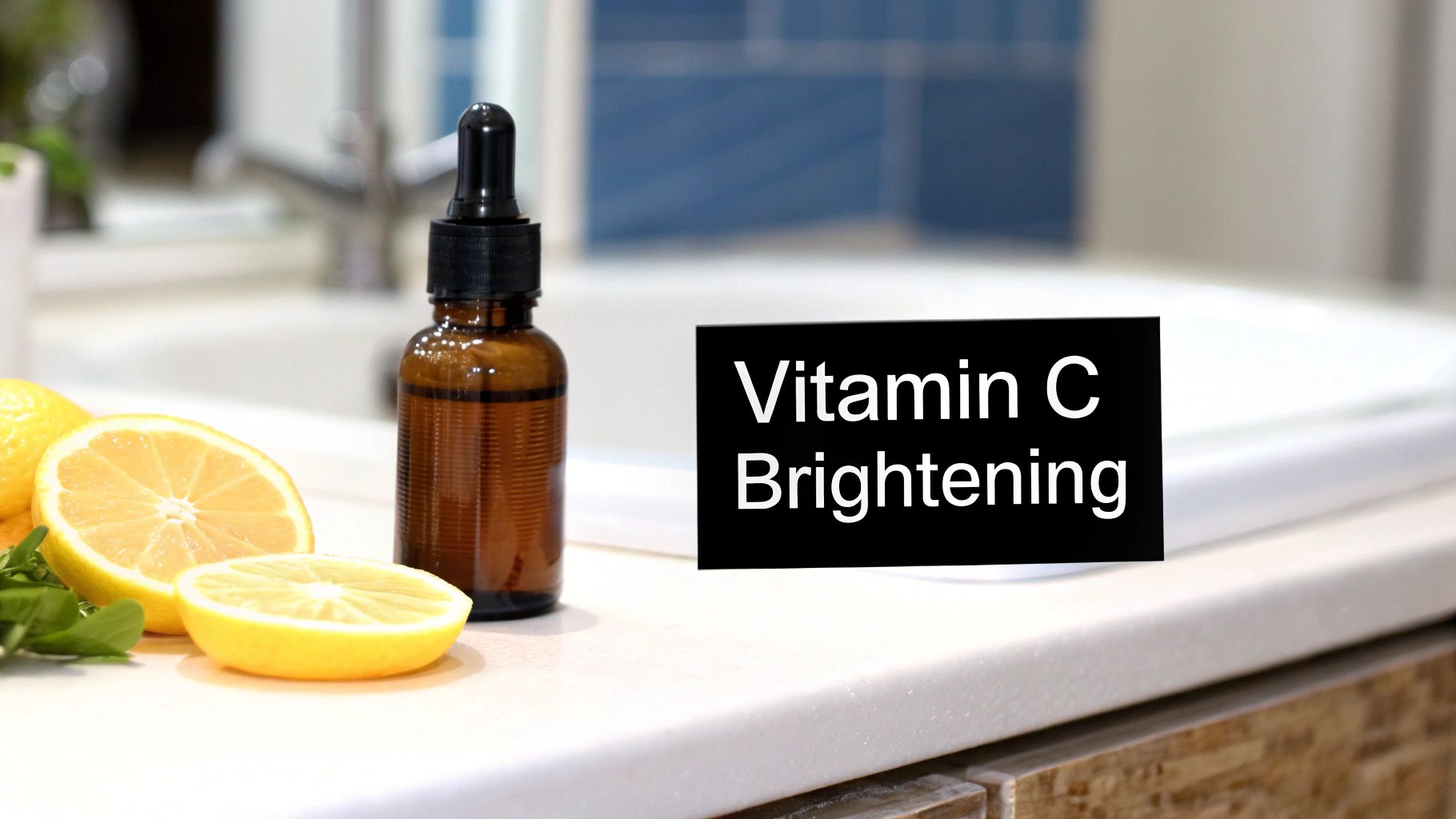 A brown dropper bottle, sliced lemons, and a 'Vitamin C Brightening' sign on a bathroom counter.