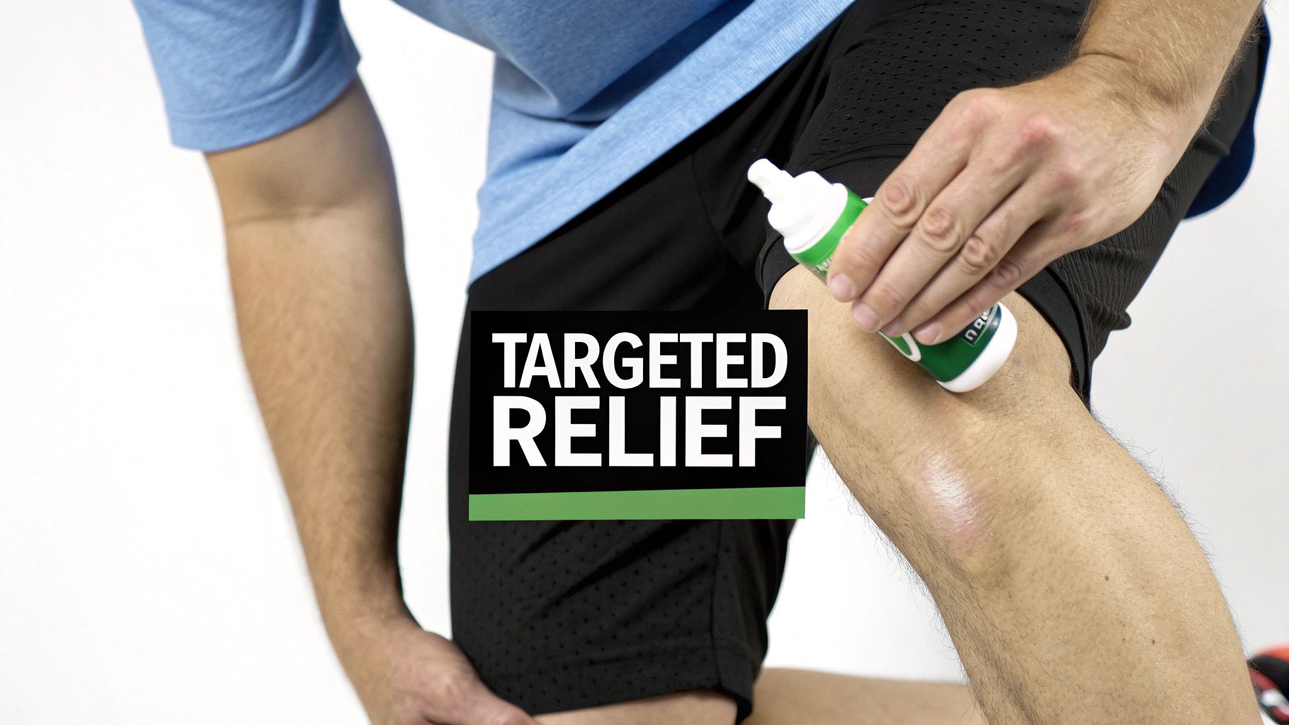 A person applies a topical pain relief roll-on to their knee, with 'TARGETED RELIEF' text overlay.