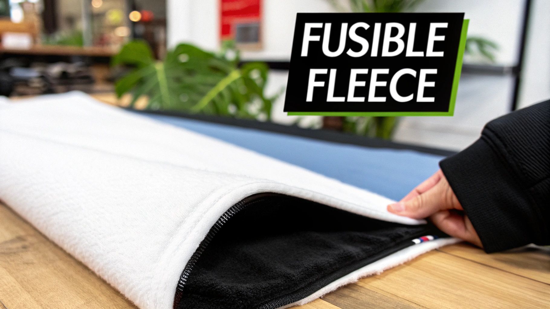 Close-up of a person's hand holding a layered fusible fleece fabric, showcasing white and black sides.