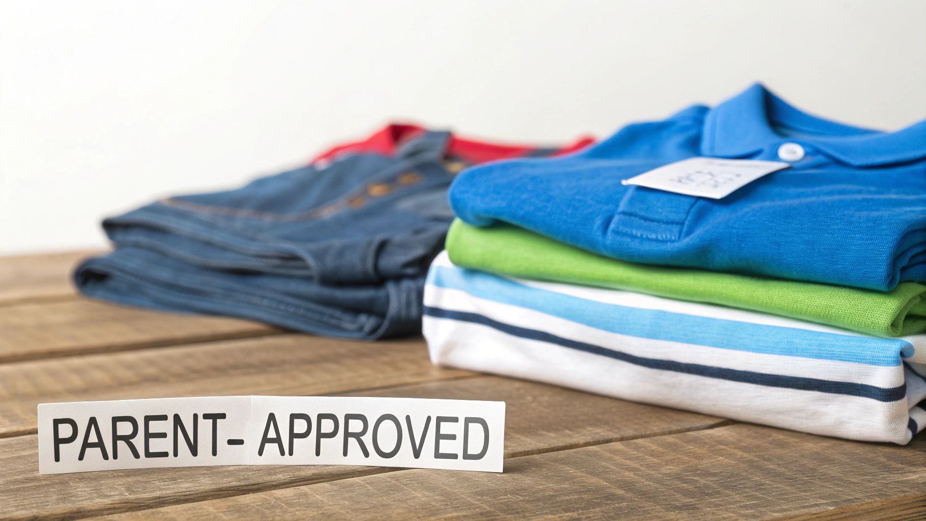 Parent-approved kids' clothing, including folded shirts and jeans, displayed on a wooden table.