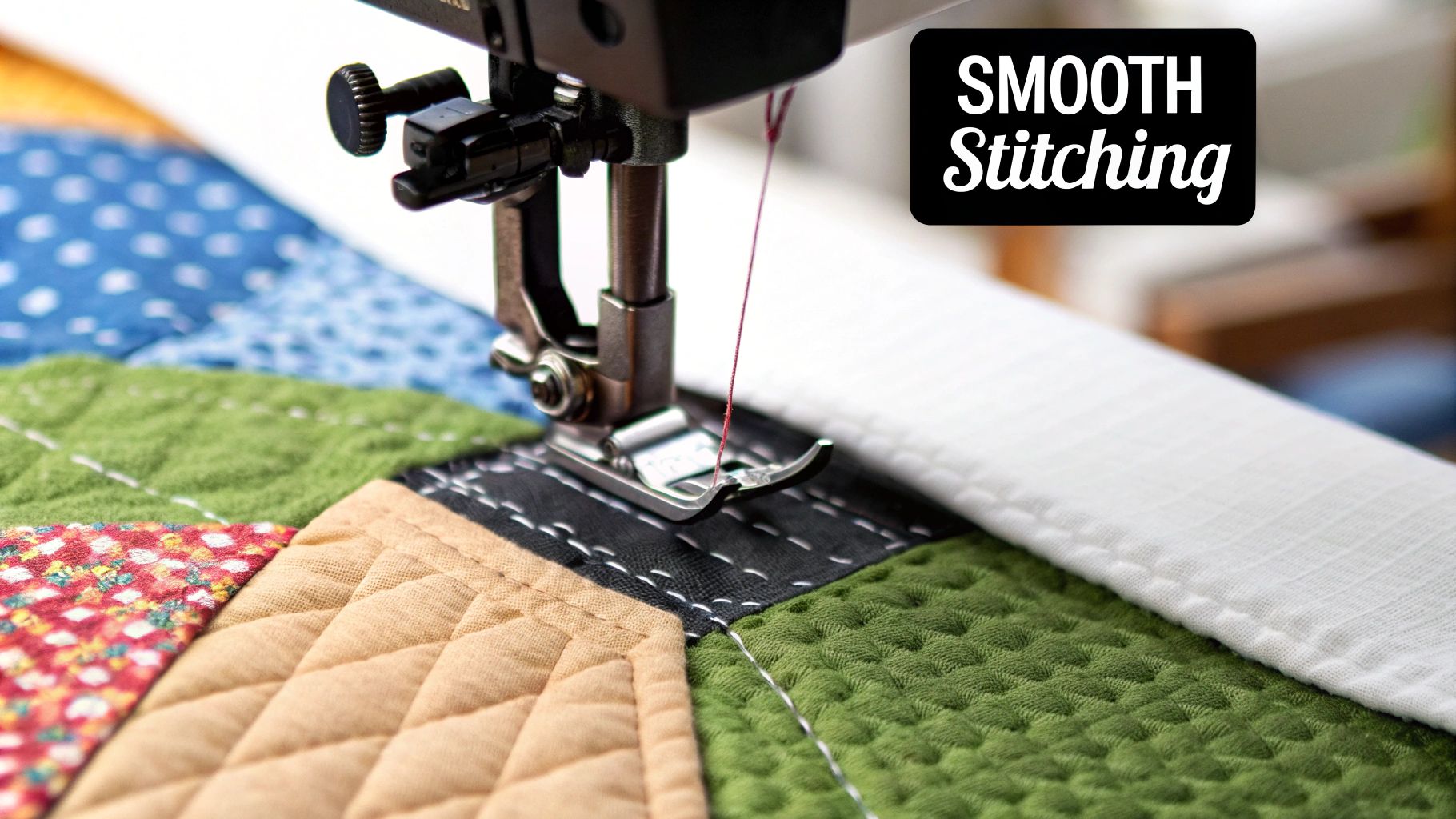 A collection of quilting notions like fabric markers, thread snips, and a thimble.