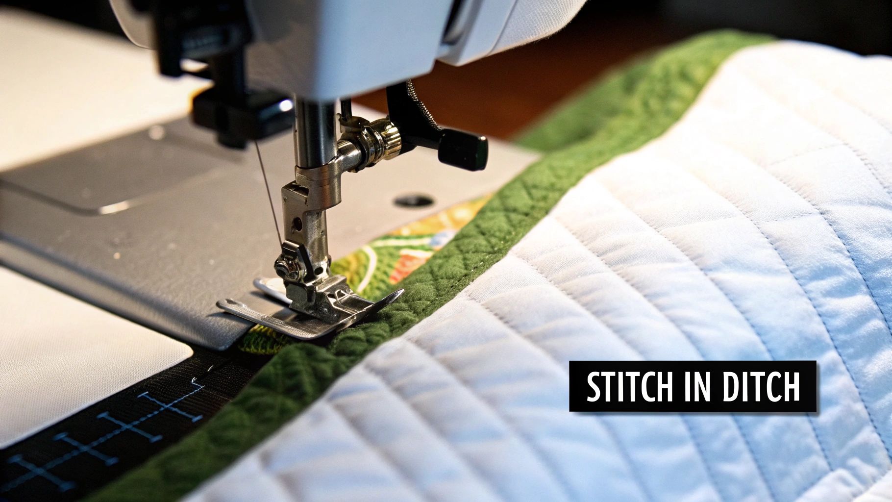 A sewing machine performs 'stitch in ditch' quilting, binding green fabric to white quilted material.