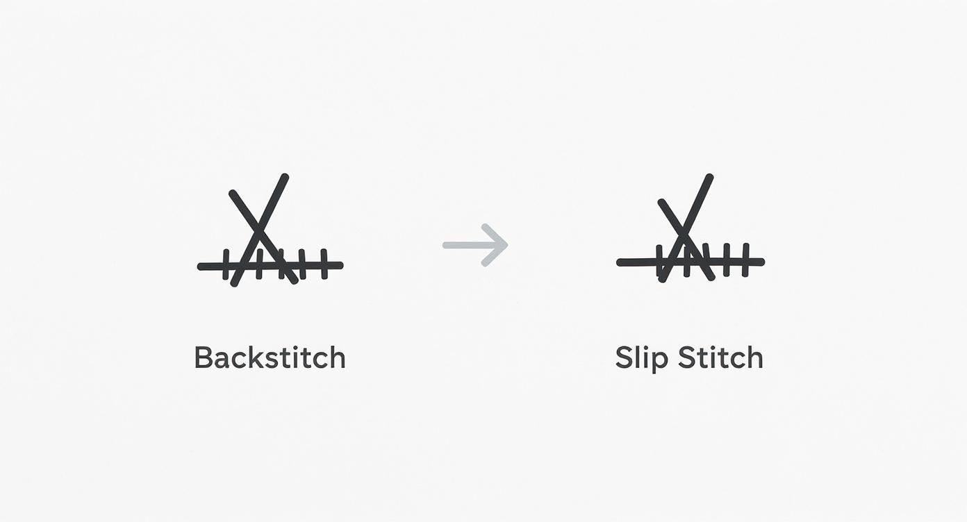 Two sewing symbols, labeled Backstitch and Slip Stitch, representing common stitch types.