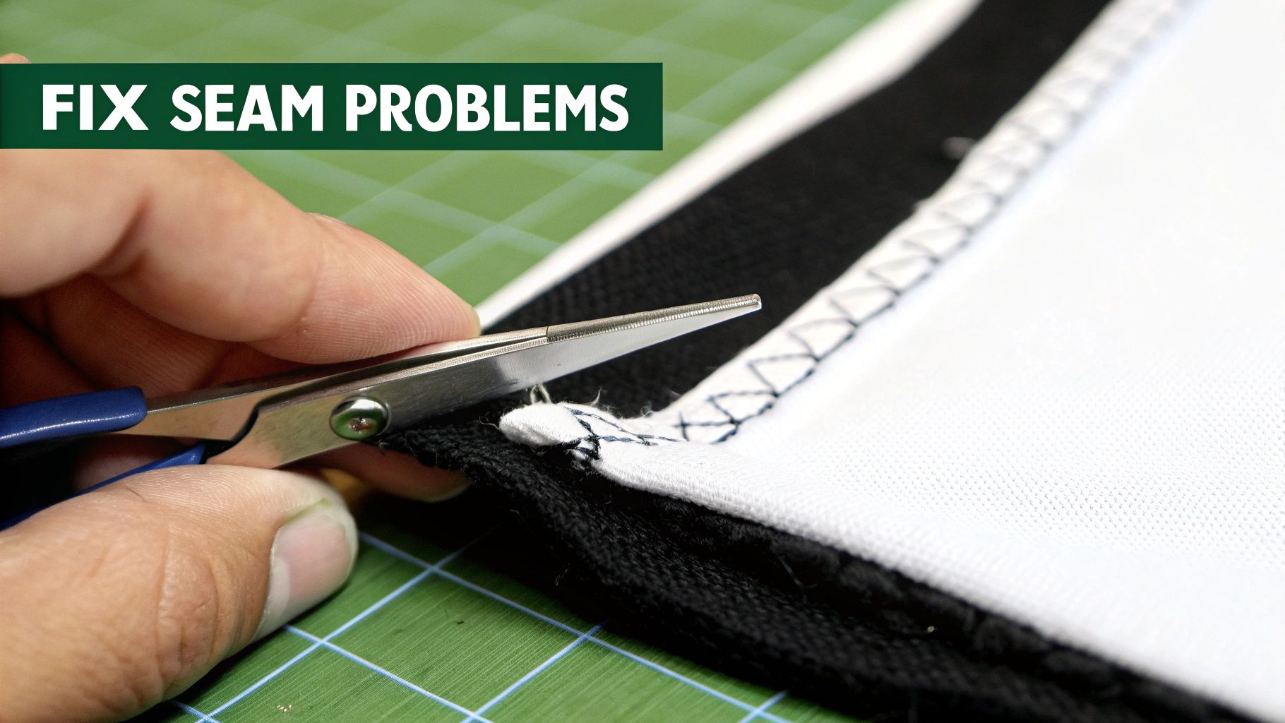 Close-up of a hand using small scissors to trim threads on a black and white fabric seam.