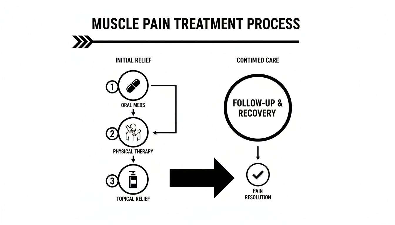 Flowchart illustrating a muscle pain treatment process from initial relief to pain resolution.