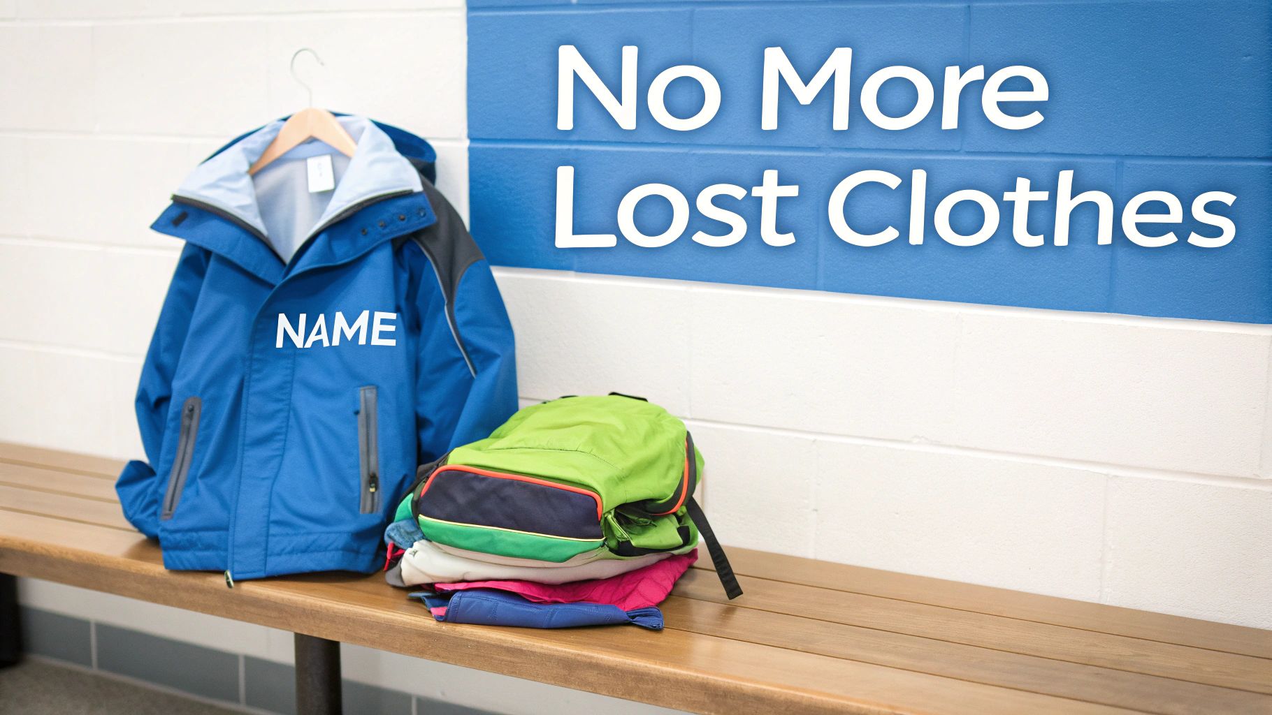 Blue jacket with 'NAME' label and a green backpack on a bench, with 'No More Lost Clothes' message.