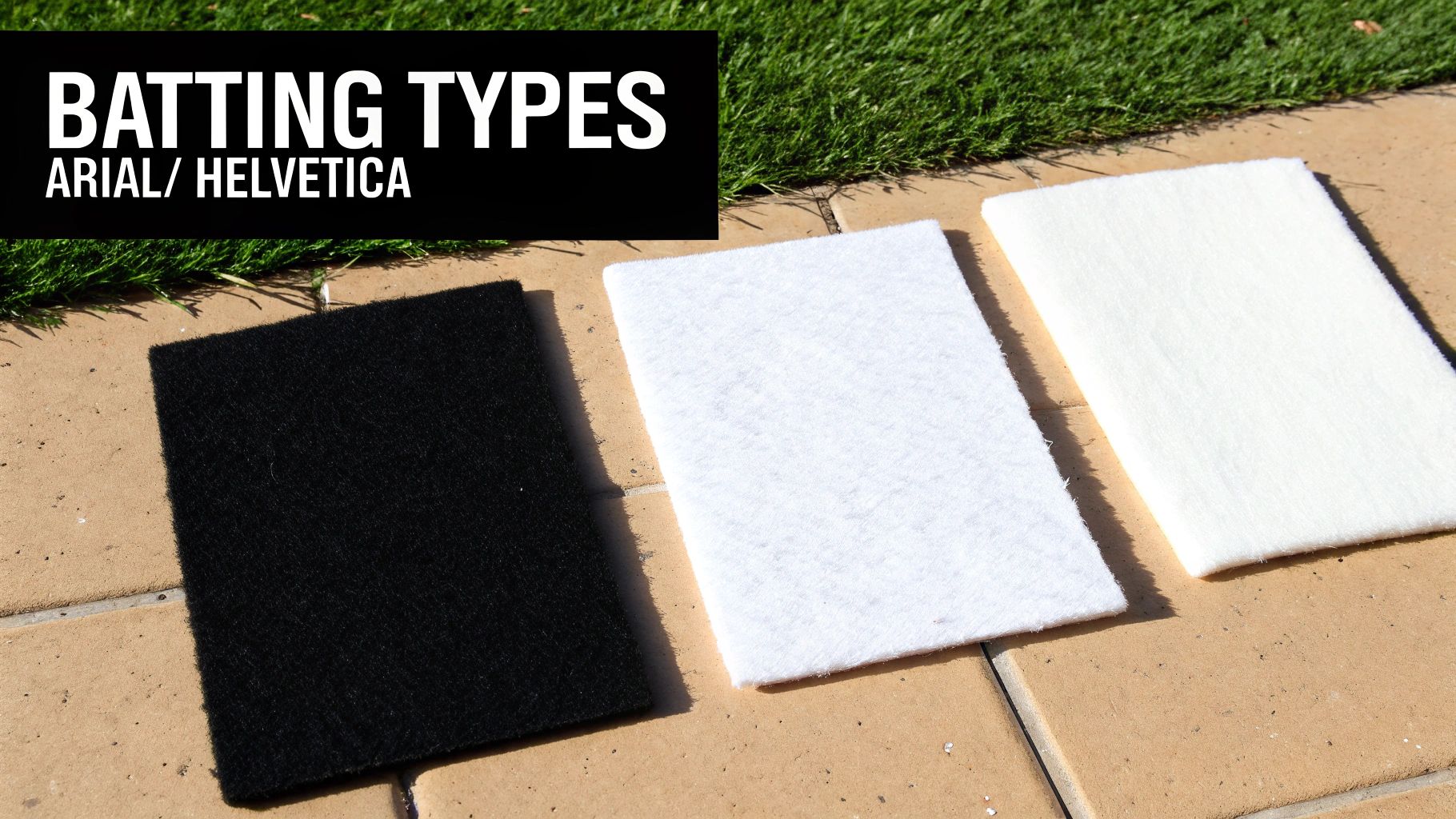 Three different quilt batting types displayed on pavement showing black, white, and light colored fabric samples