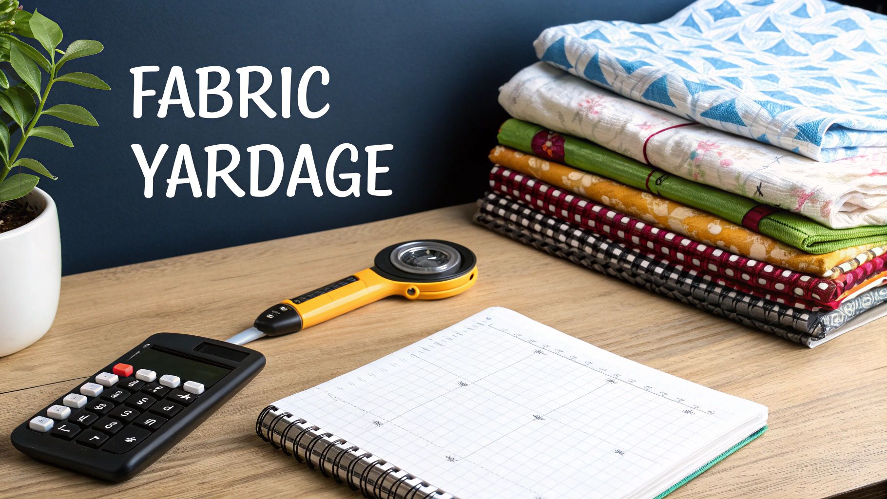 A crafting desk with stacked patterned fabrics, calculator, measuring tool, and a notebook for fabric yardage.