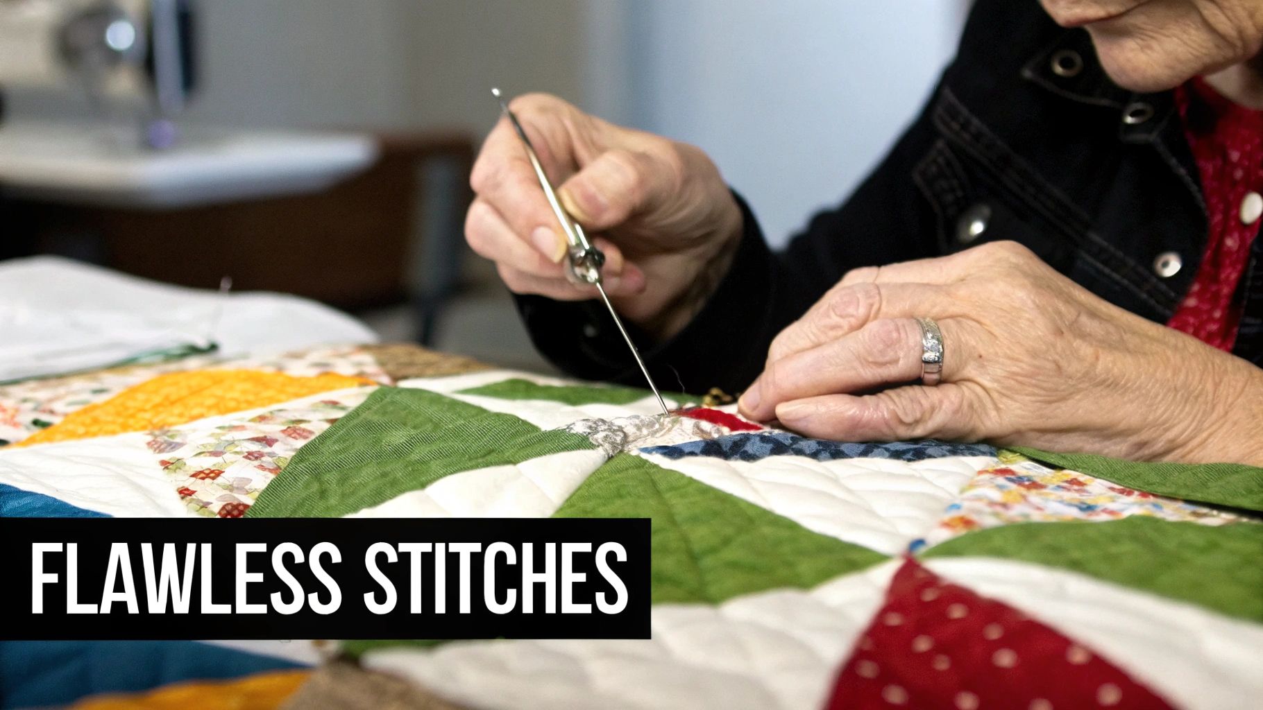 Close-up of an elderly person's hands using a needle tool to create flawless stitches on a colorful quilt.