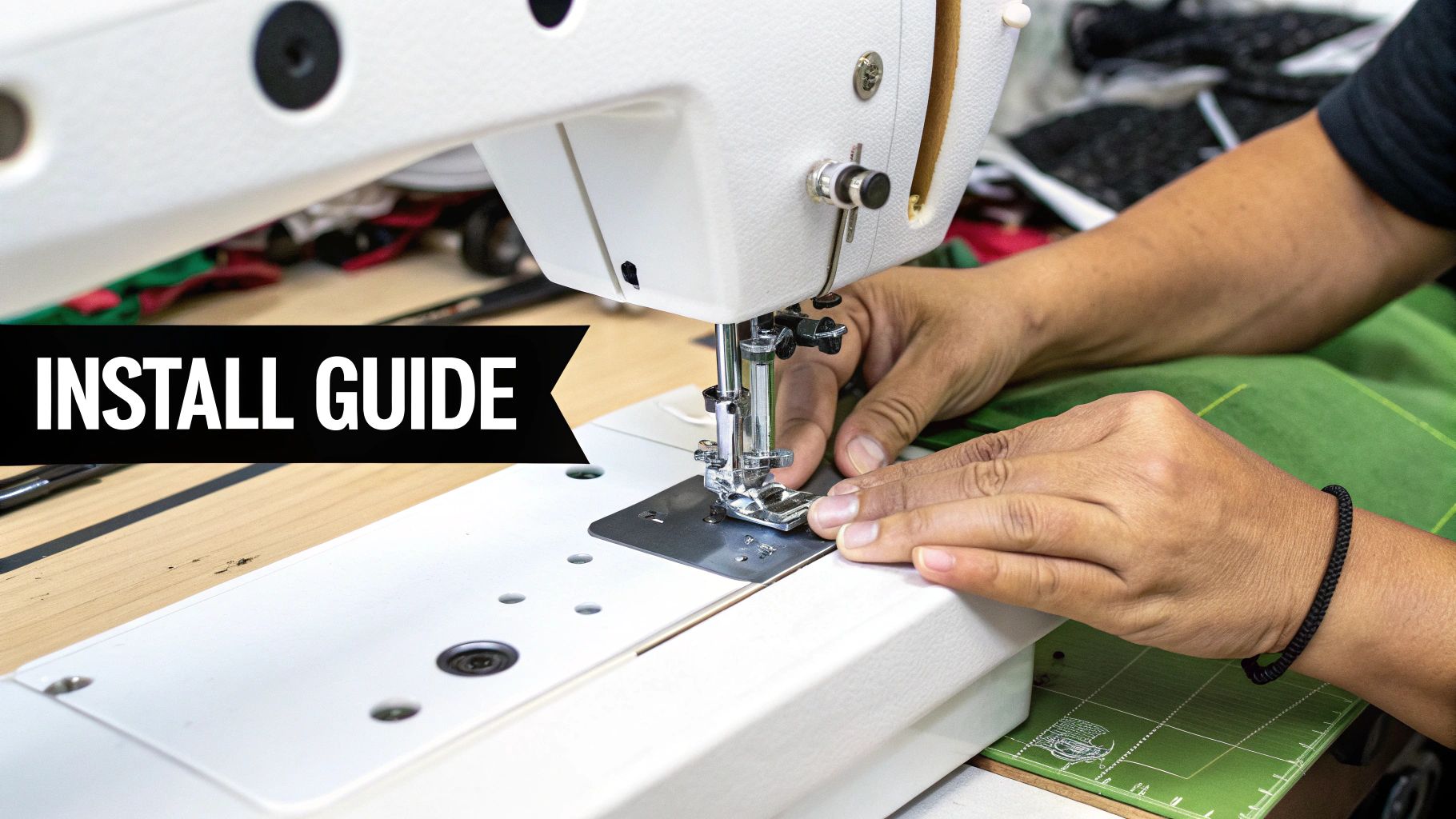 A close-up view of a walking foot being attached to a sewing machine.