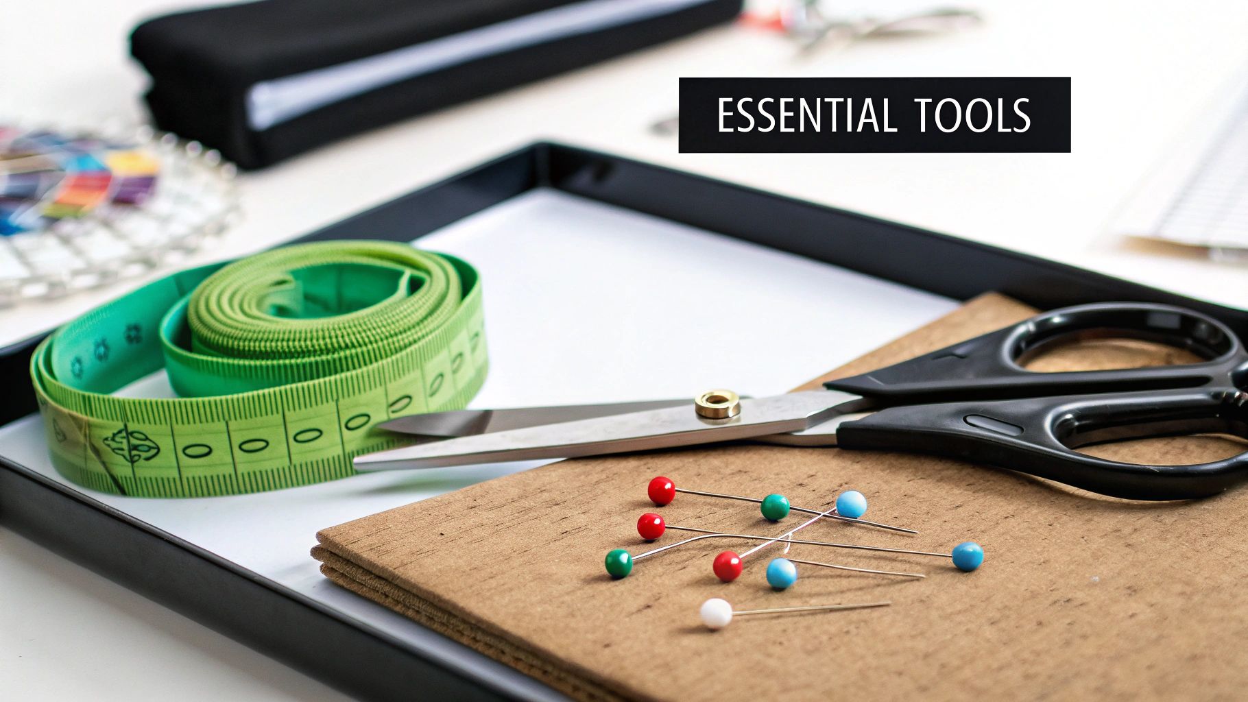 A collection of basic sewing tools including scissors, thread, and a measuring tape arranged neatly.