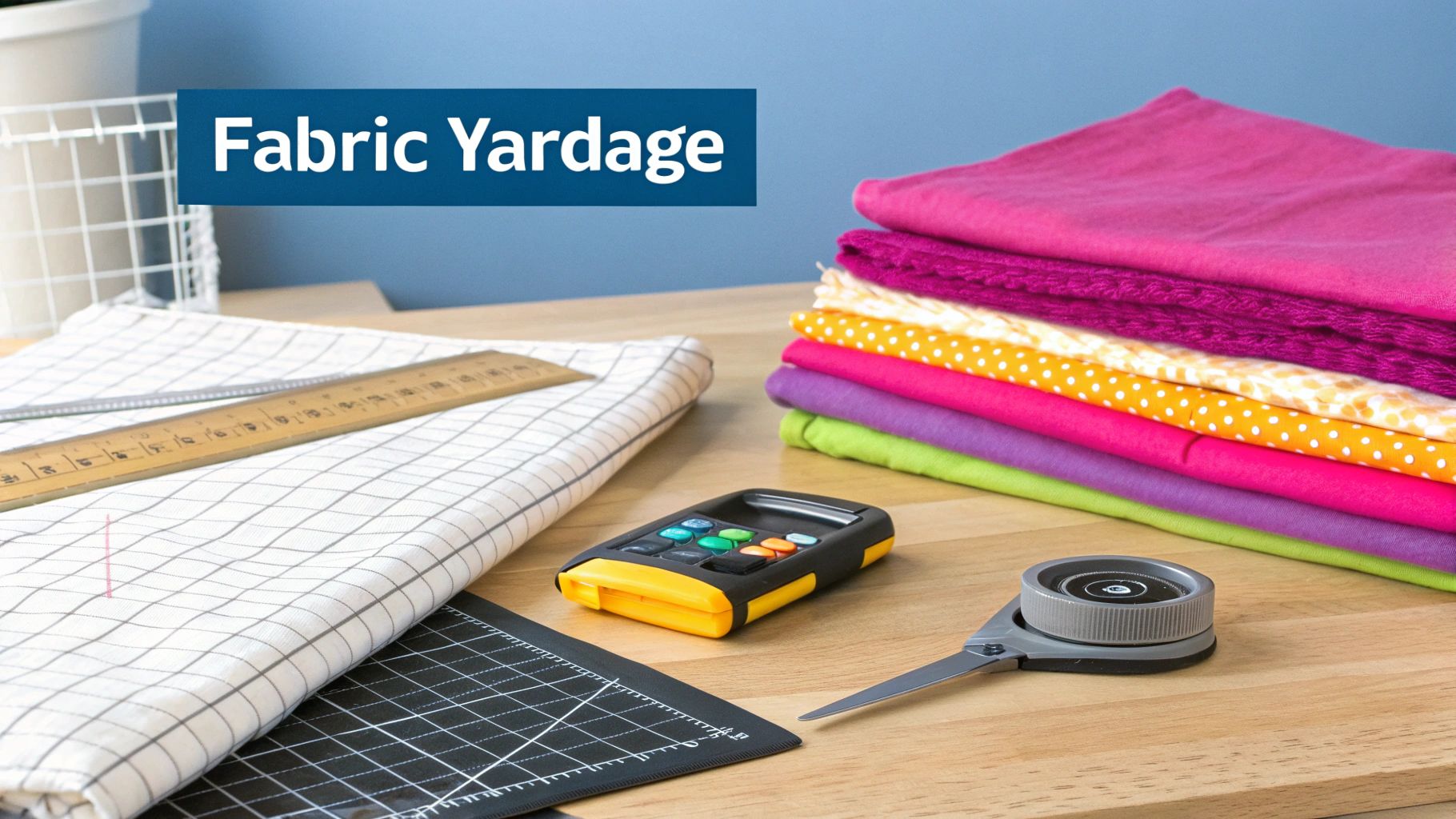 A crafting table with colorful fabrics, measuring tools, a calculator, and 'Fabric Yardage' text.