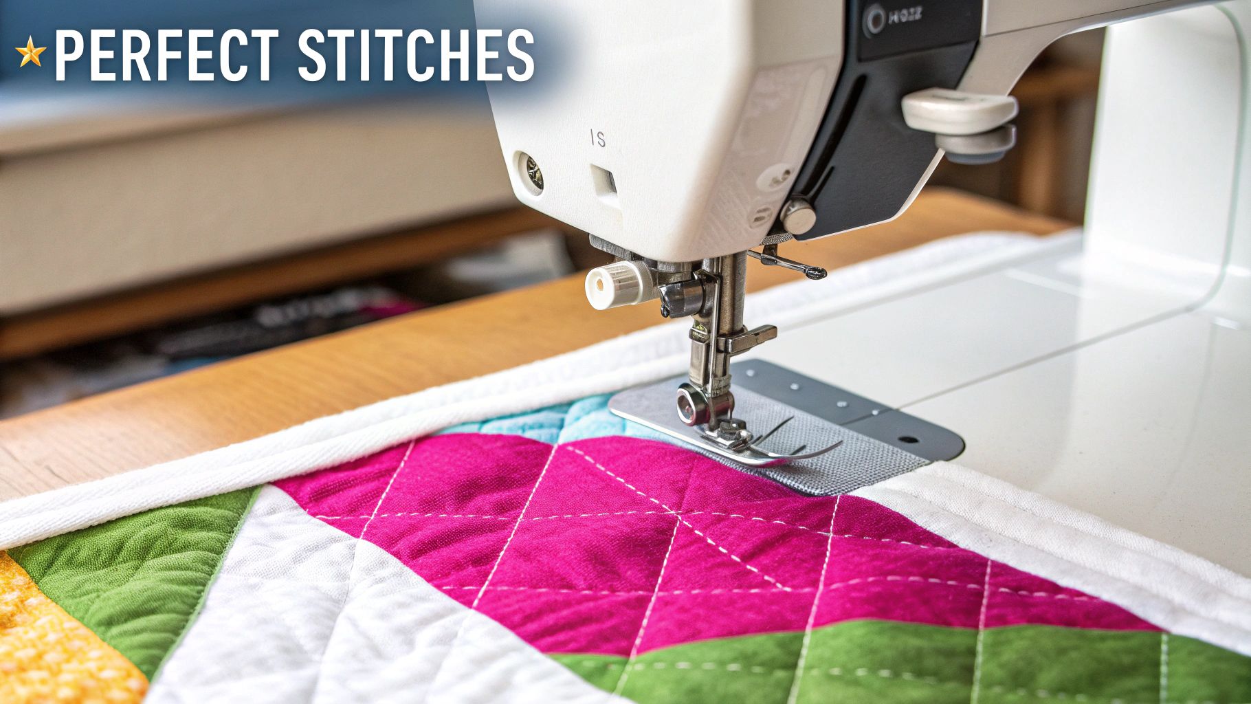 A close-up of an embroidery machine needle stitching a colorful quilt block.