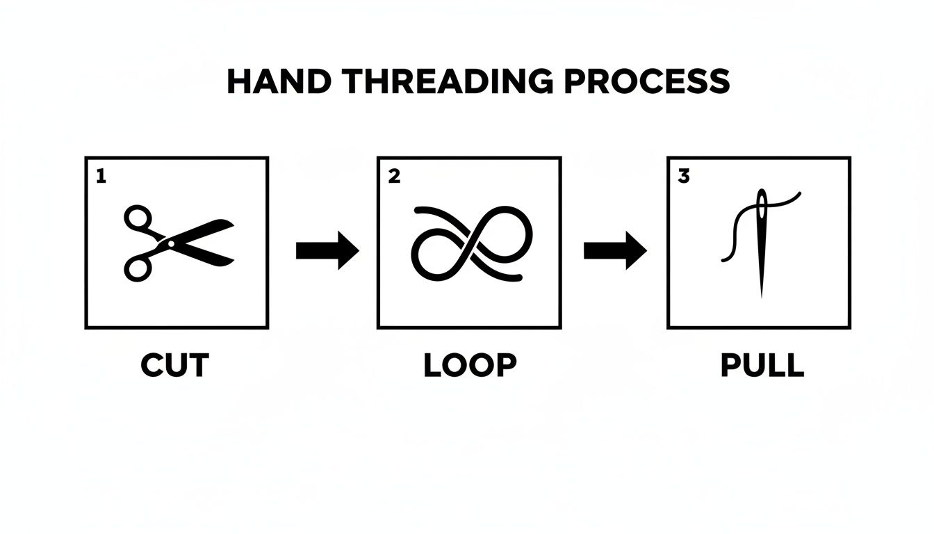 Infographic detailing the hand threading process with three steps: cut, loop, and pull icons.