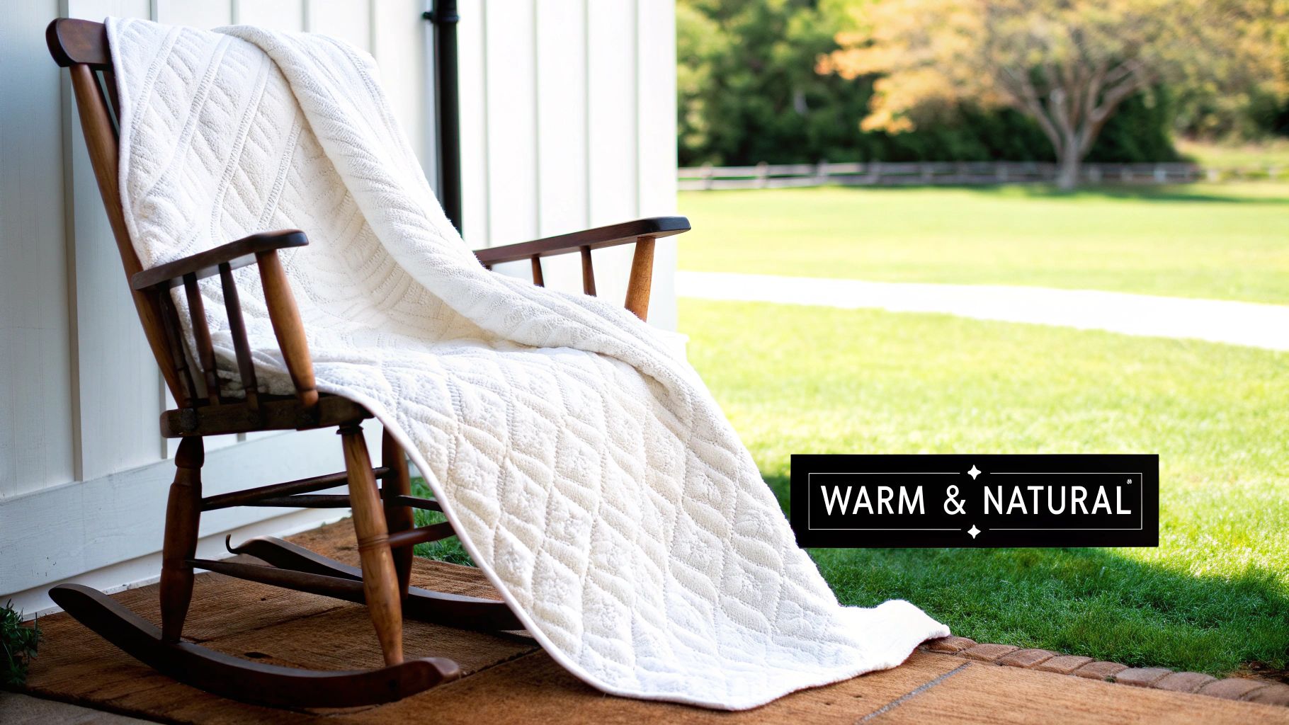A white quilted blanket draped over a wooden rocking chair on a porch overlooking a green lawn.