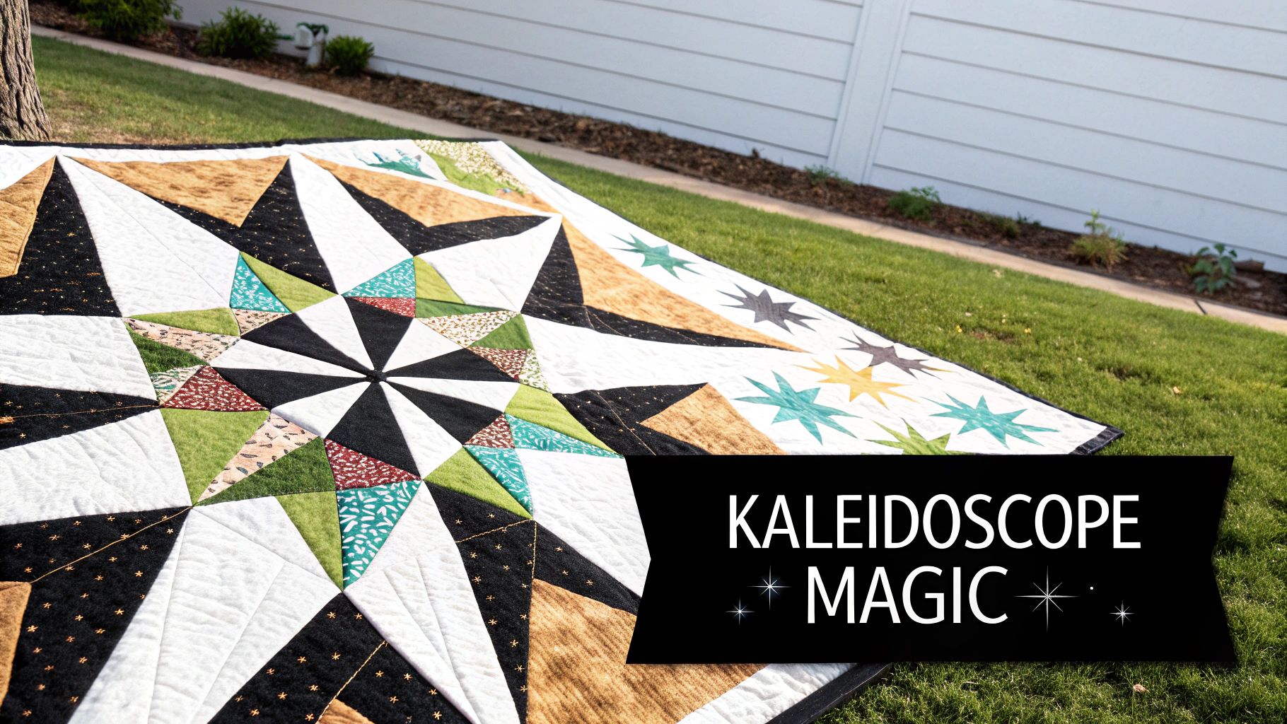A vibrant kaleidoscope quilt with star patterns and colorful fabrics, on green grass with 'KALEIDOSCOPE MAGIC' text.