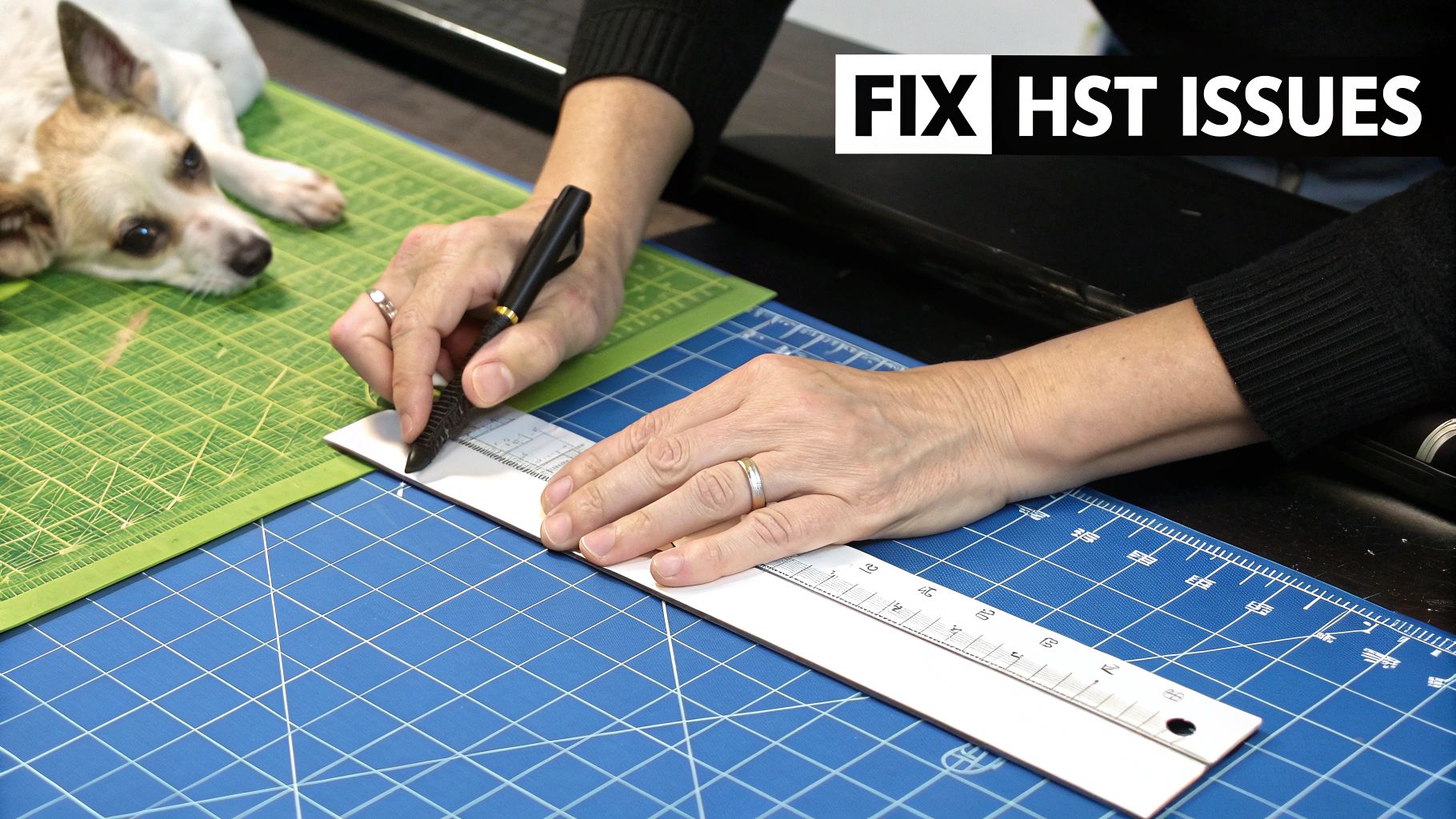 Hands precisely mark fabric using a ruler and pen on a blue cutting mat, a dog watches.