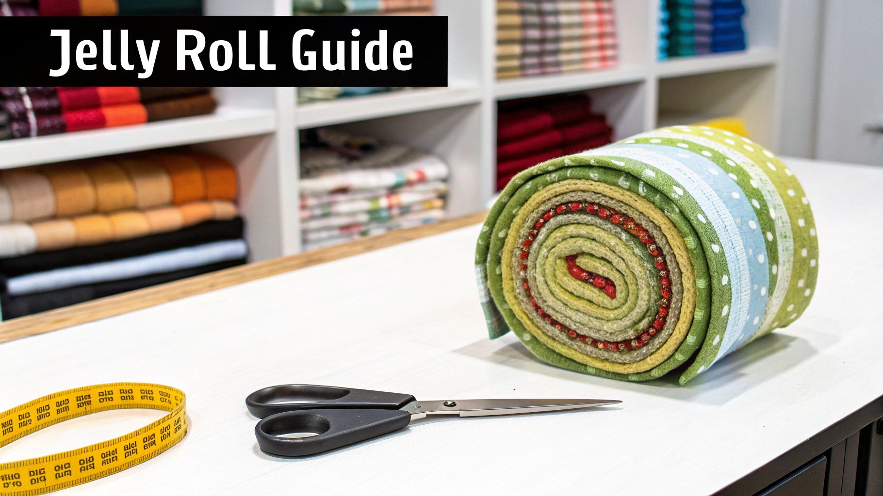 Colorful jelly roll fabric, scissors, and a measuring tape on a table with a "Jelly ROLL Guide" banner.
